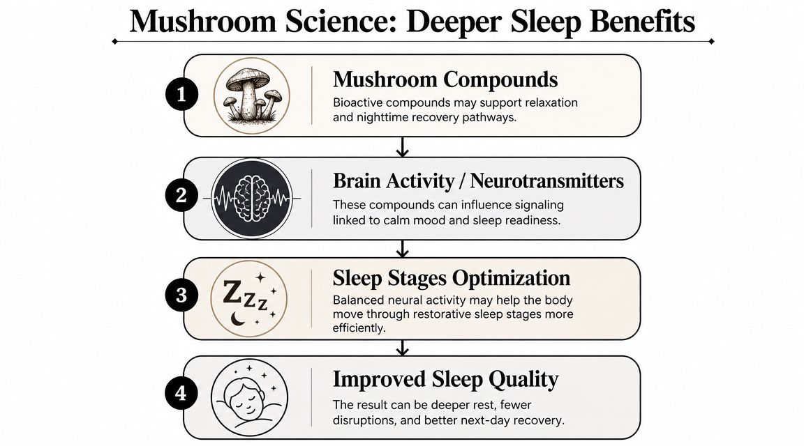 A four-step infographic explaining how mushroom compounds improve sleep quality, brain activity, and sleep stage optimization.