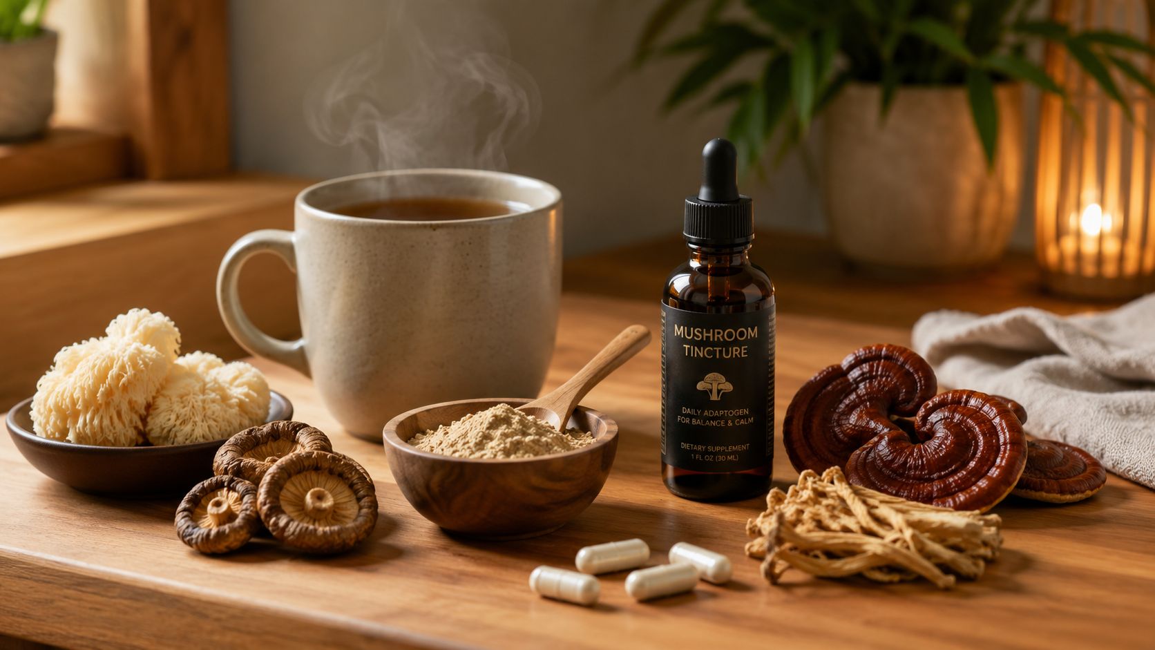 A collection of adaptogenic mushrooms, powder, tincture, and tea on a rustic wooden table for health.