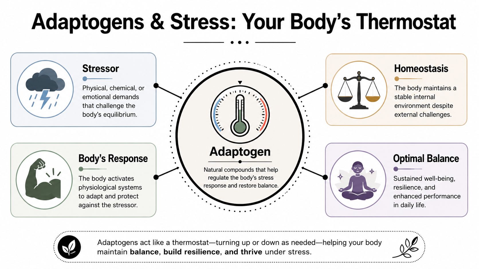 A diagram explaining how adaptogens act as the body's thermostat to manage stress and restore natural balance.