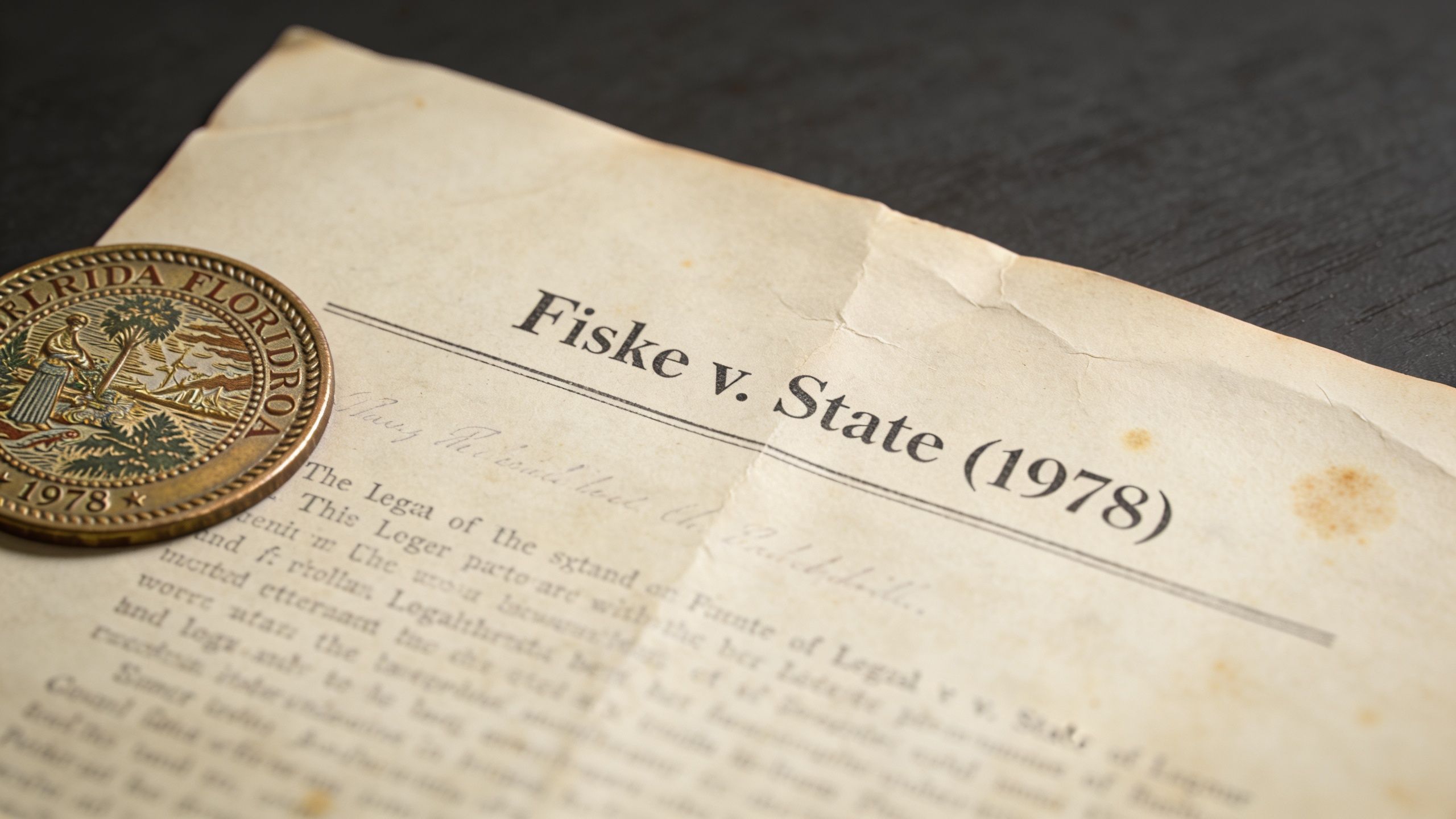 A close-up of a 1978 Florida coin placed on an old, stained legal document about Fiske v. State.