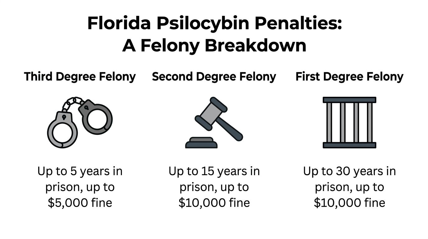 A graphic infographic displaying potential prison sentences and fines for psilocybin possession felonies in Florida.