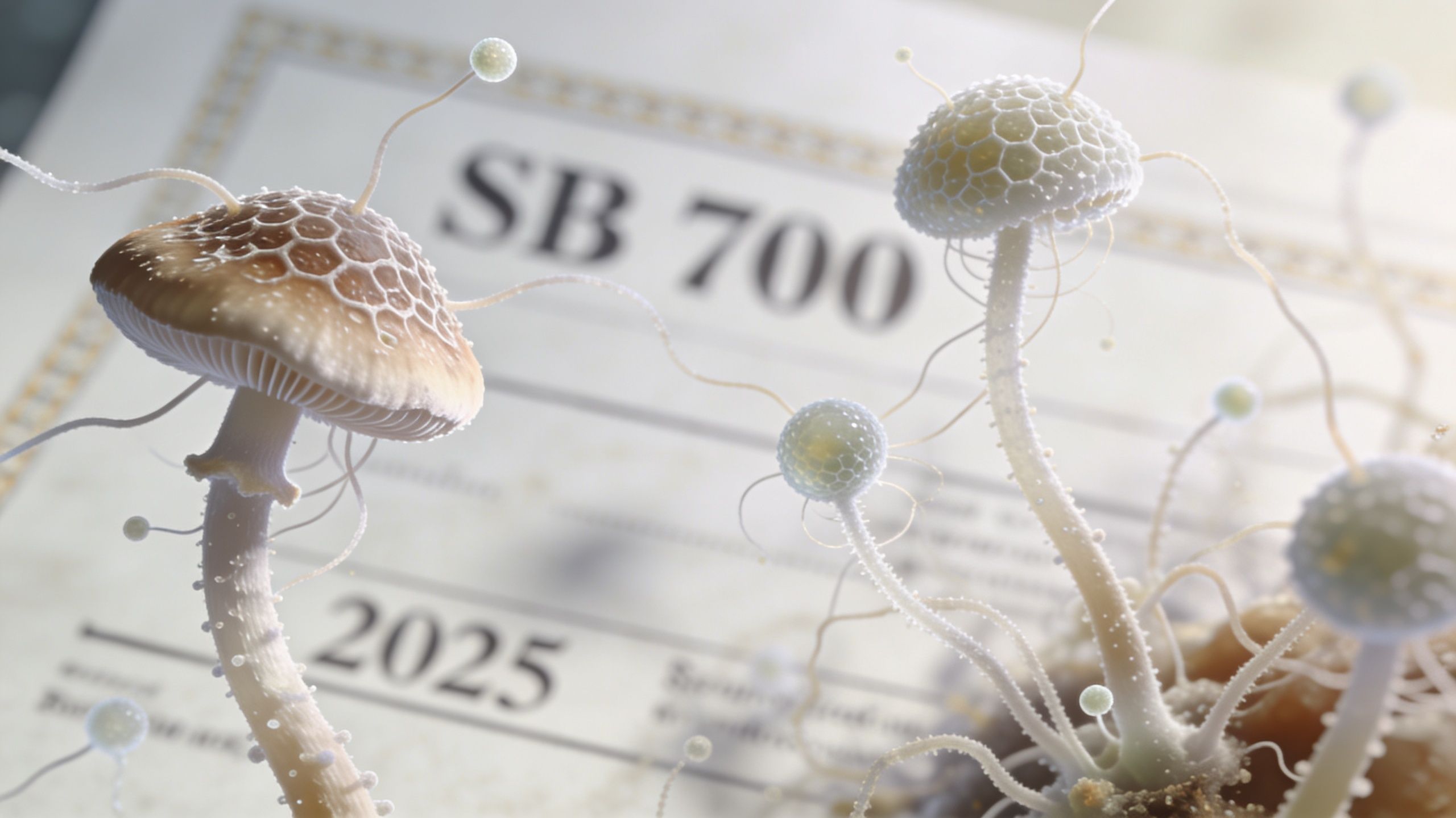 A close-up artistic rendering of surreal glowing mushrooms growing over a document marked SB 700 2025.