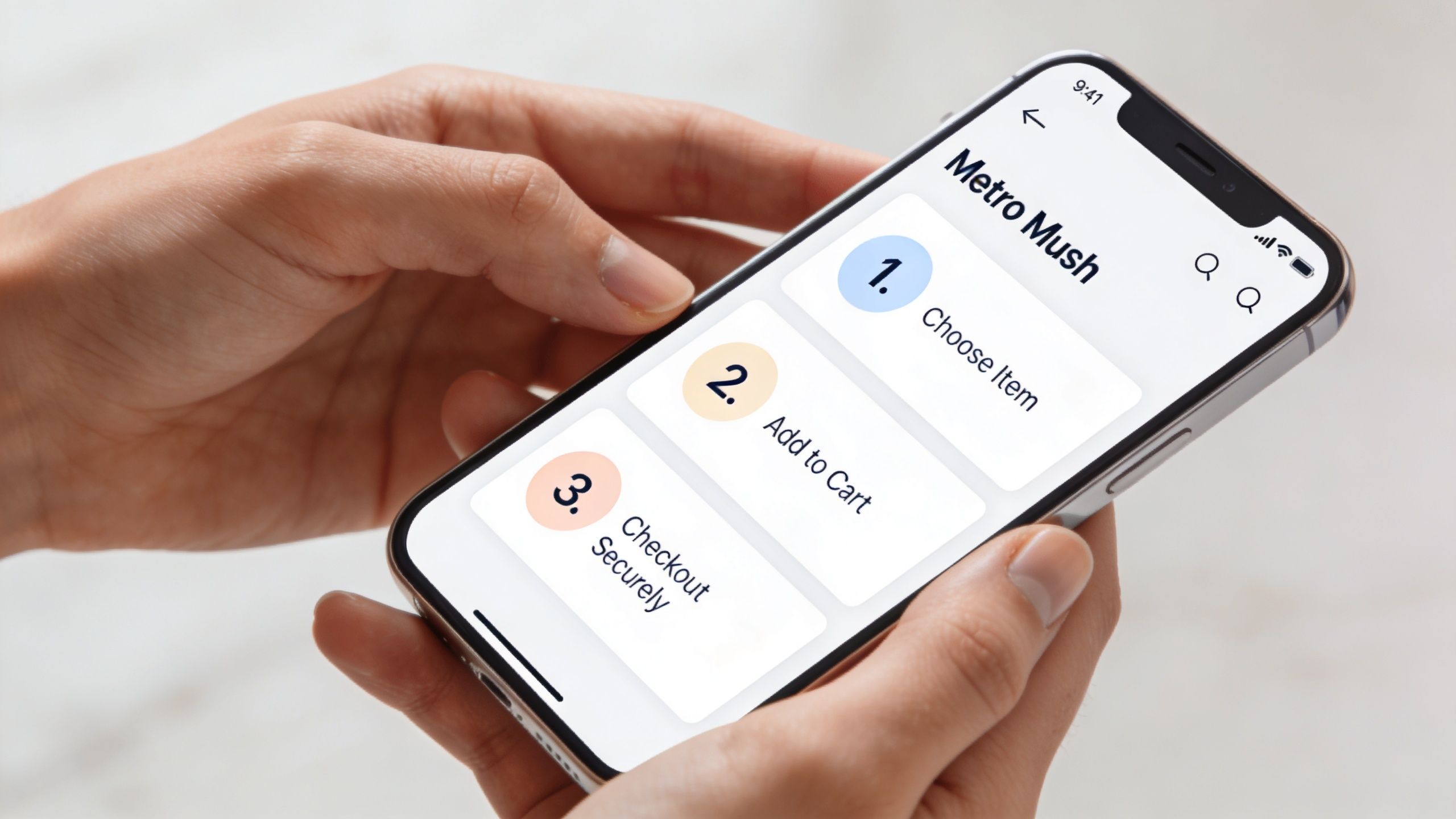 A person holding a smartphone displaying the Metro Mush mobile application interface with three simple steps.