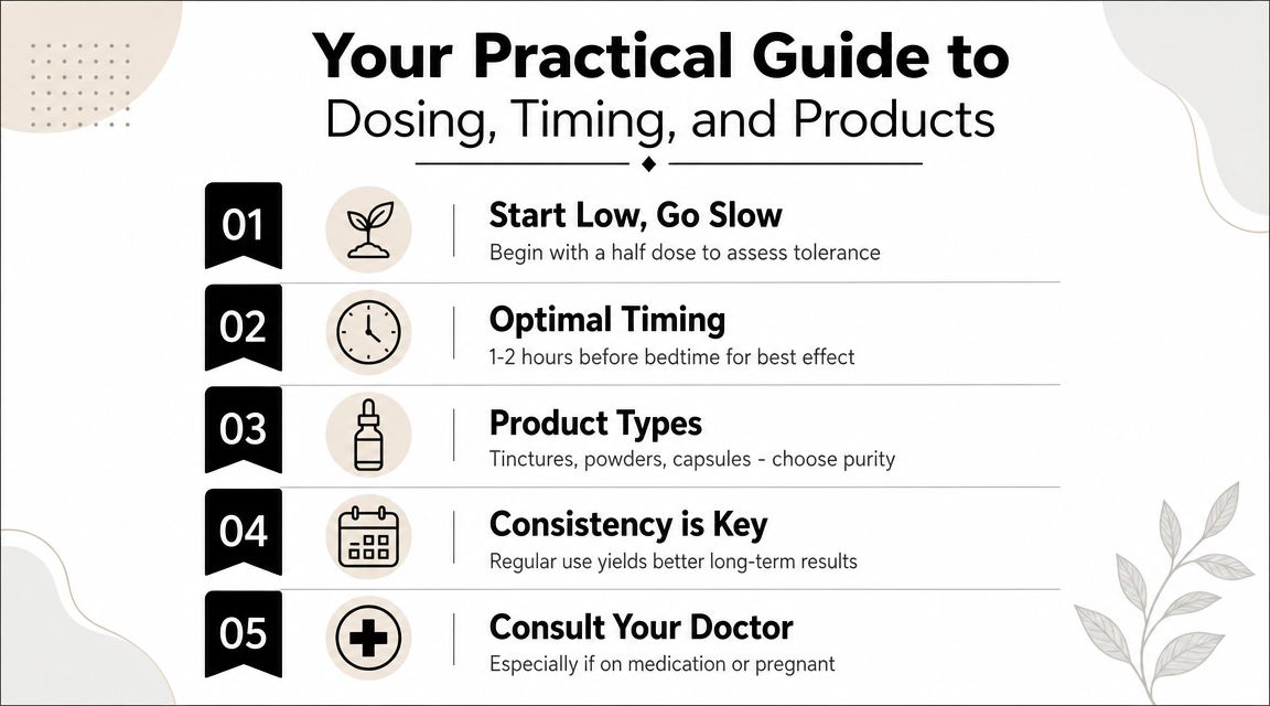 A practical guide graphic illustrating five essential tips for dosing, timing, and choosing sleep supplement products.