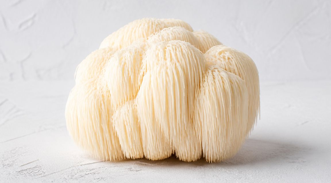 A fresh whole Lion's Mane mushroom sitting on a textured white surface against a matching background.