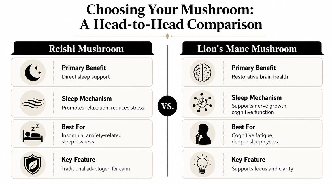 A comparison chart showing the different benefits of Reishi mushroom for sleep and Lion's Mane for brain health.