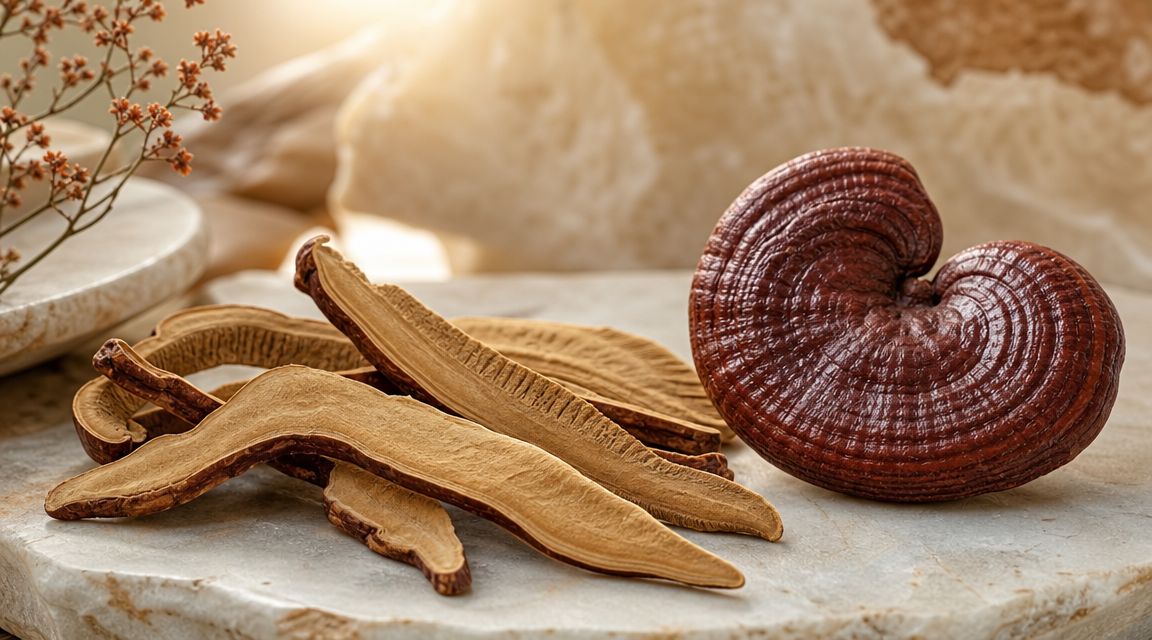 Whole and sliced dried Reishi mushrooms arranged on a light stone surface with natural background lighting.