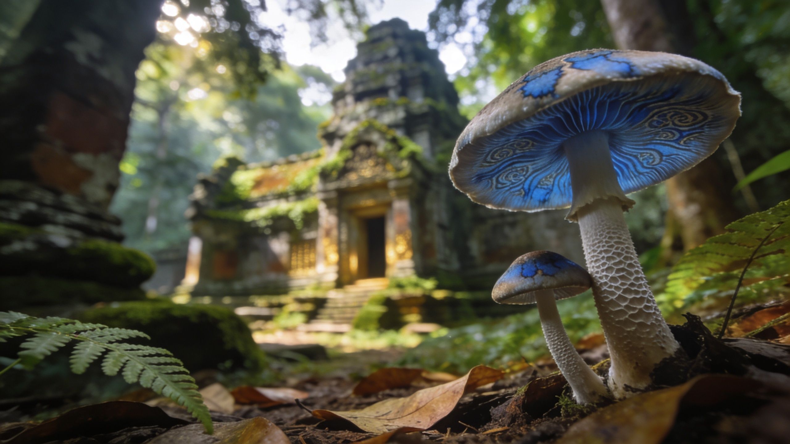 A pair of glowing blue mushrooms in the foreground with an ancient Cambodian temple ruins background.