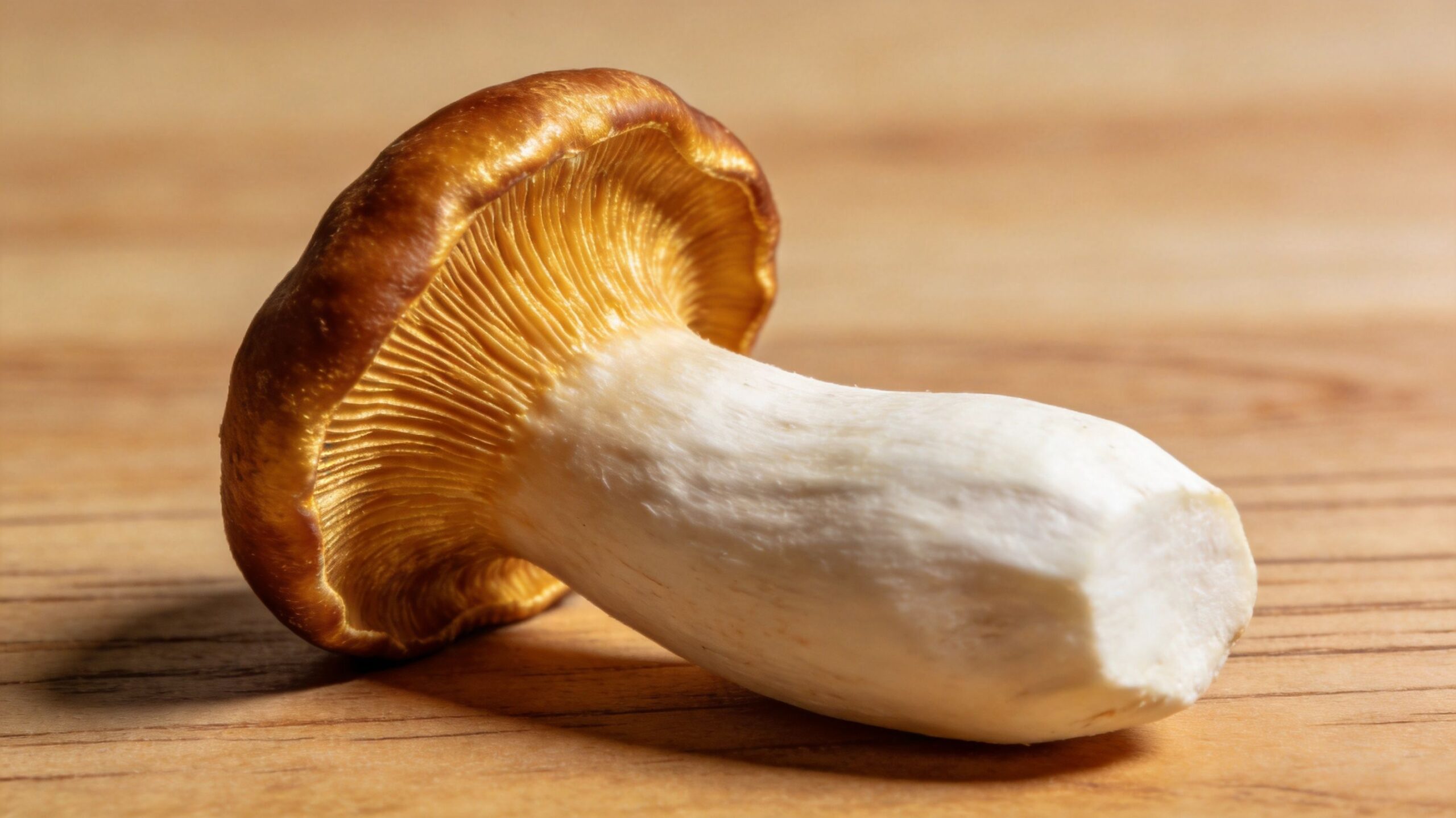 A close-up view of a single fresh brown mushroom sitting on a textured wooden surface.