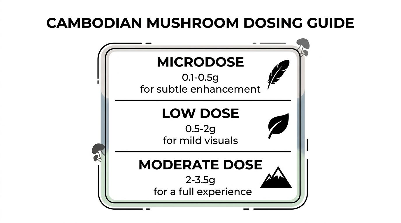 A Cambodian mushroom dosing guide infographic listing dosages for micro, low, and moderate experiences.