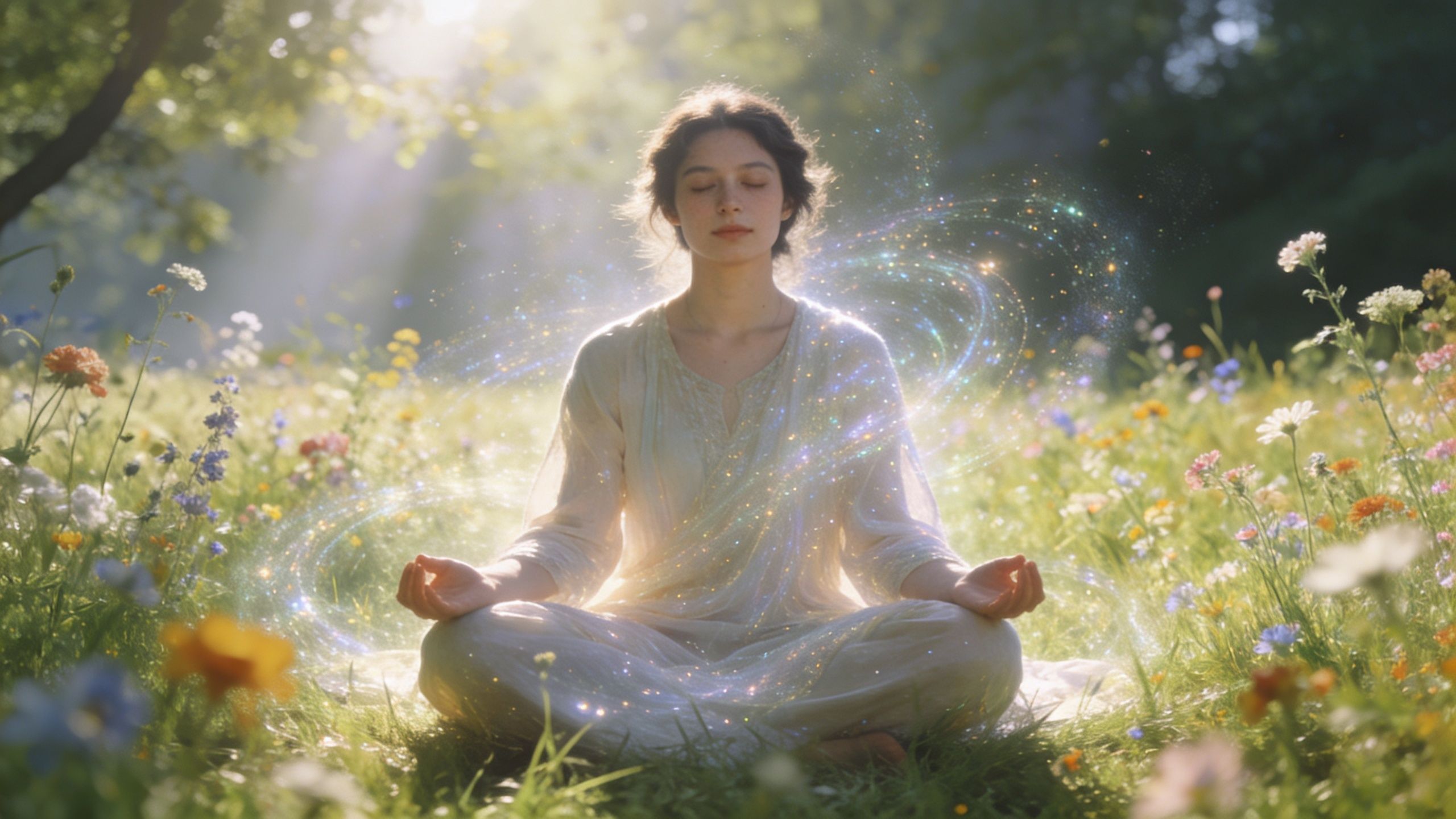 A serene woman meditating in a vibrant meadow, surrounded by glowing, swirling particles of cosmic starlight.