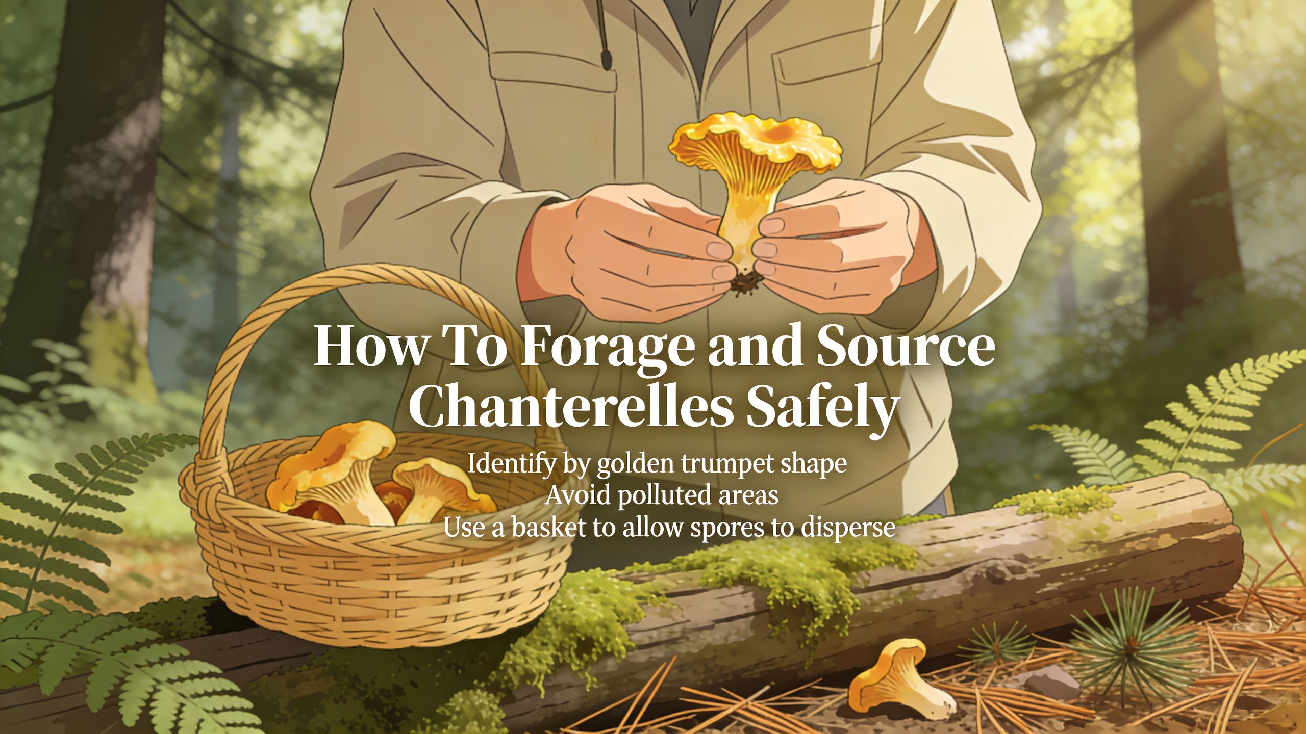 A person holding a golden chanterelle mushroom near a basket in a forest with foraging safety tips.