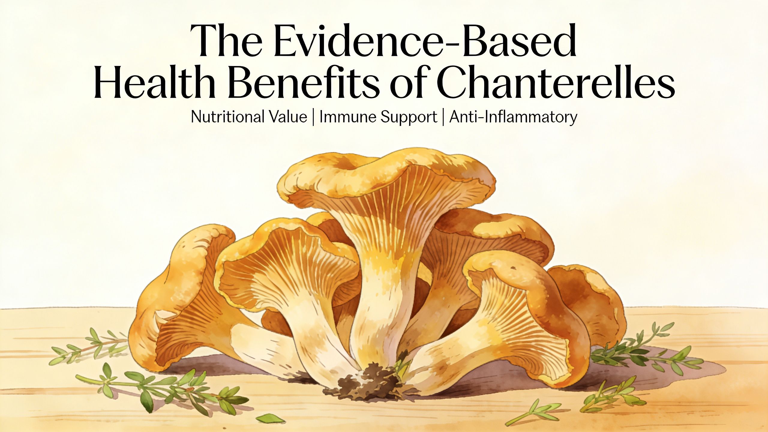A watercolor illustration of golden chanterelle mushrooms displayed on a wooden surface with herb sprigs.