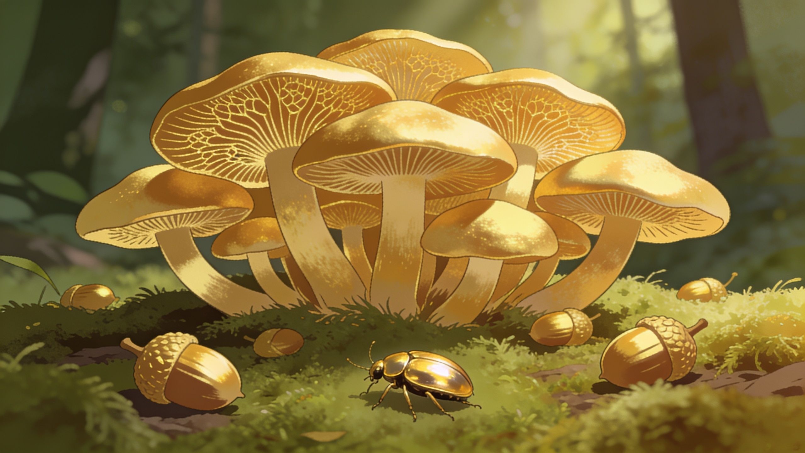 A cluster of golden mushrooms with shiny acorns and a metallic beetle resting on forest moss.