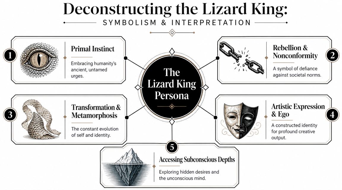A diagram deconstructing the symbolic meaning of The Lizard King persona with five distinct conceptual points.
