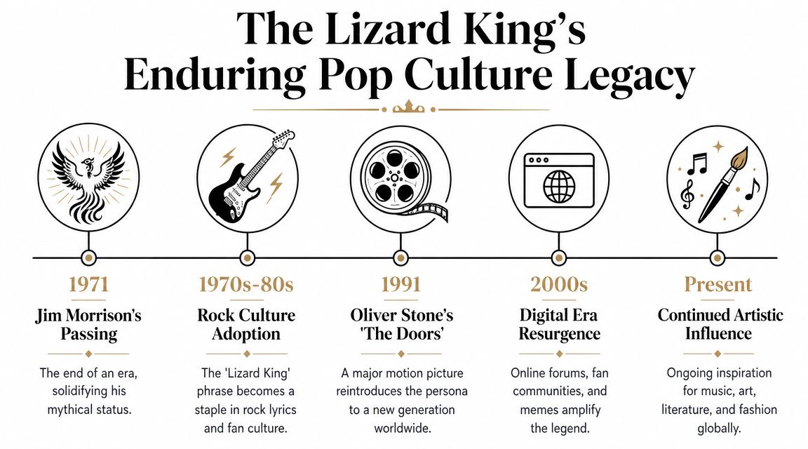A timeline infographic detailing the enduring pop culture legacy of The Doors' singer Jim Morrison, the Lizard King.