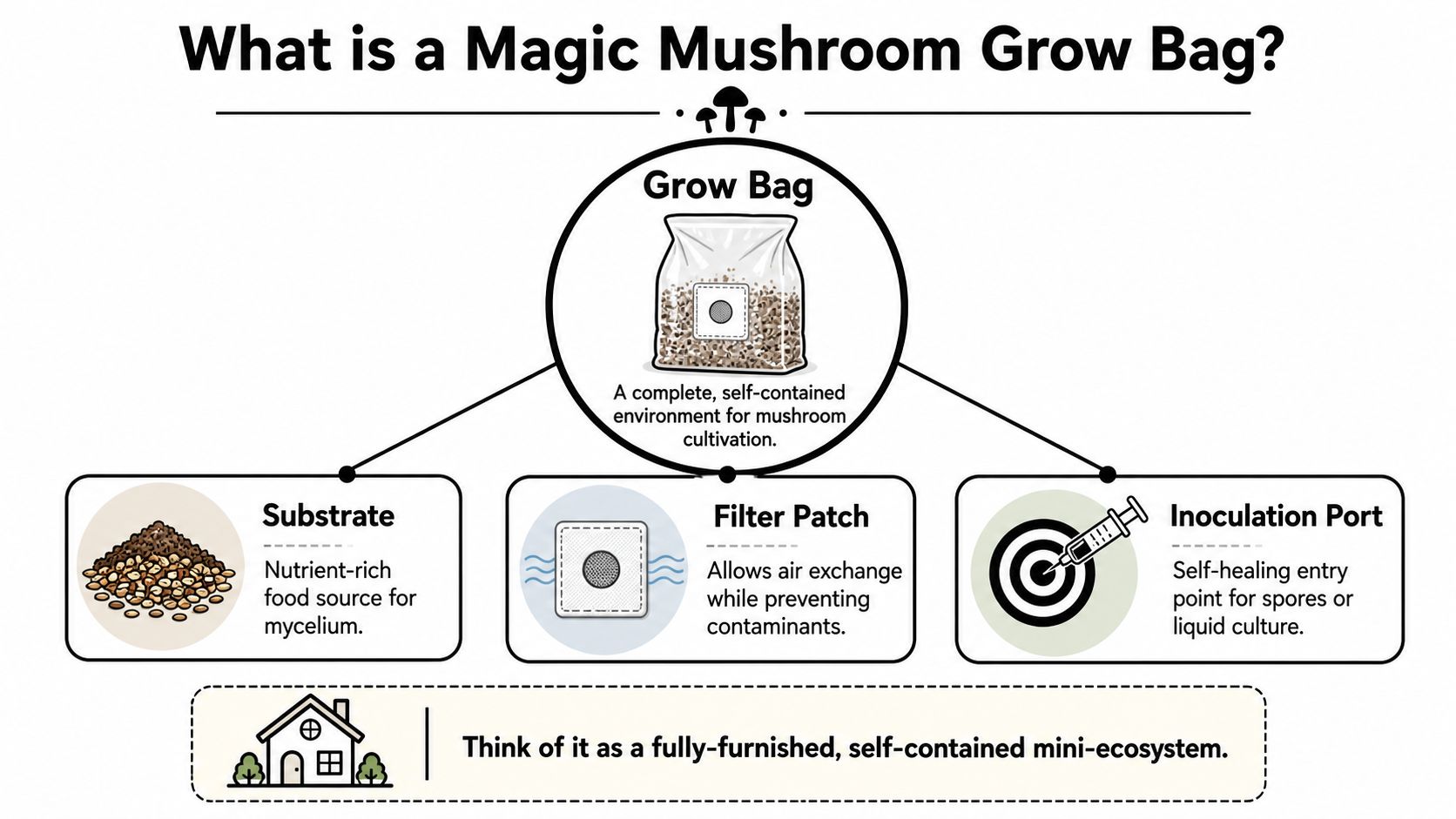 An infographic explaining the components of a magic mushroom grow bag, including substrate, filter, and port.