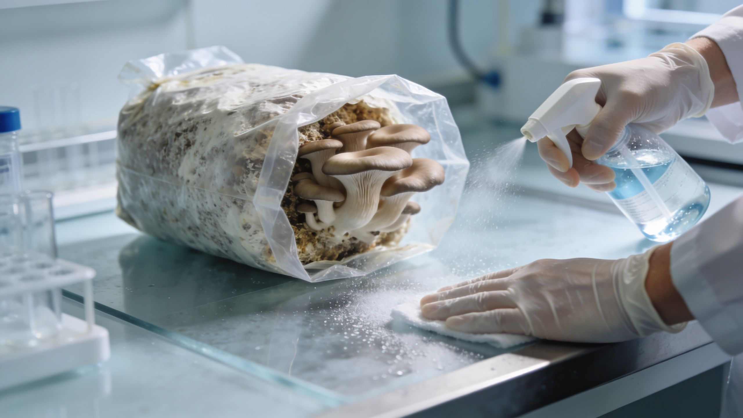 A laboratory scientist wearing gloves sanitizing a glass surface next to a growing bag of oyster mushrooms.