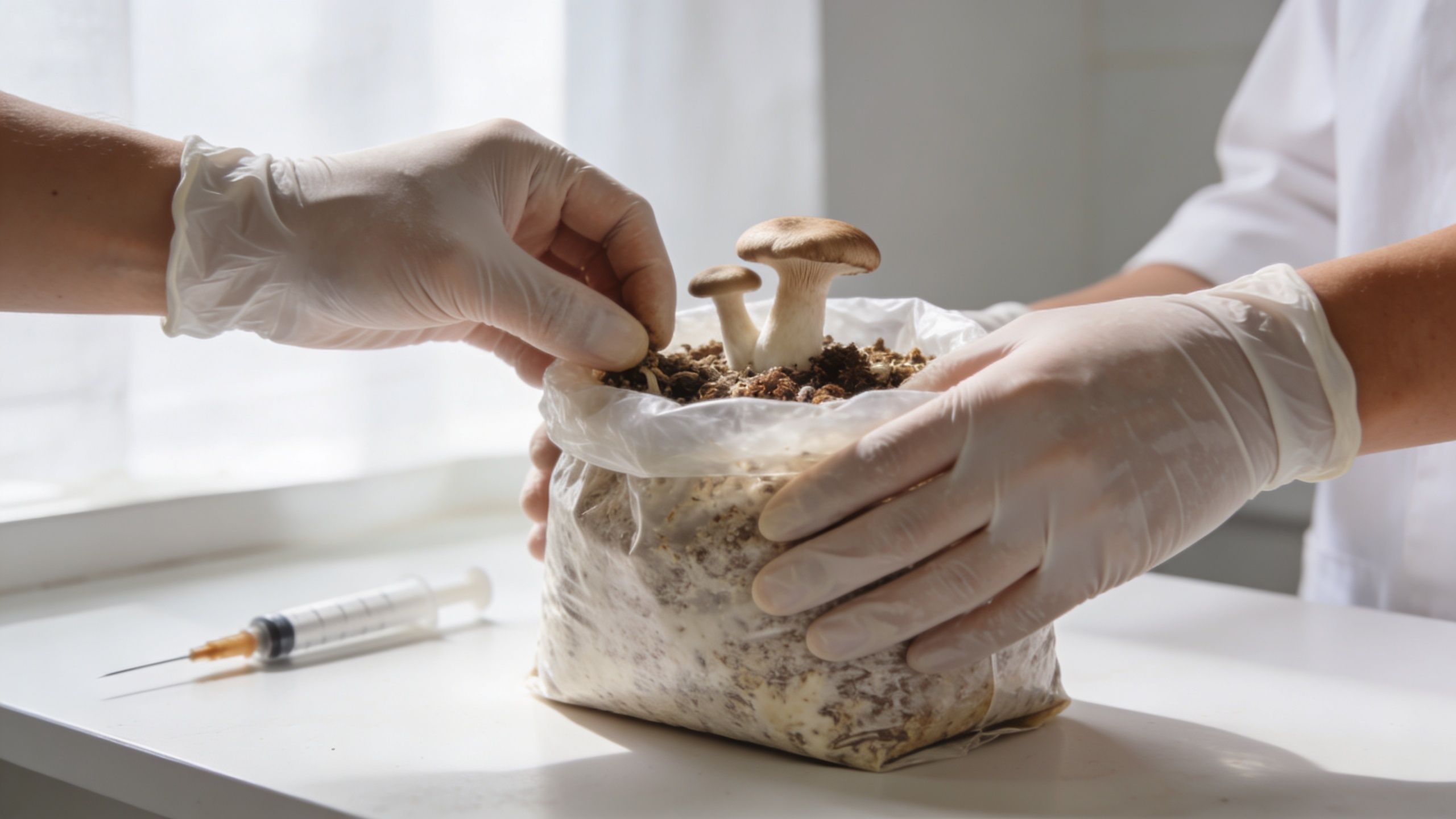 A person in white gloves tends to a plastic bag containing growing oyster mushrooms in a lab.