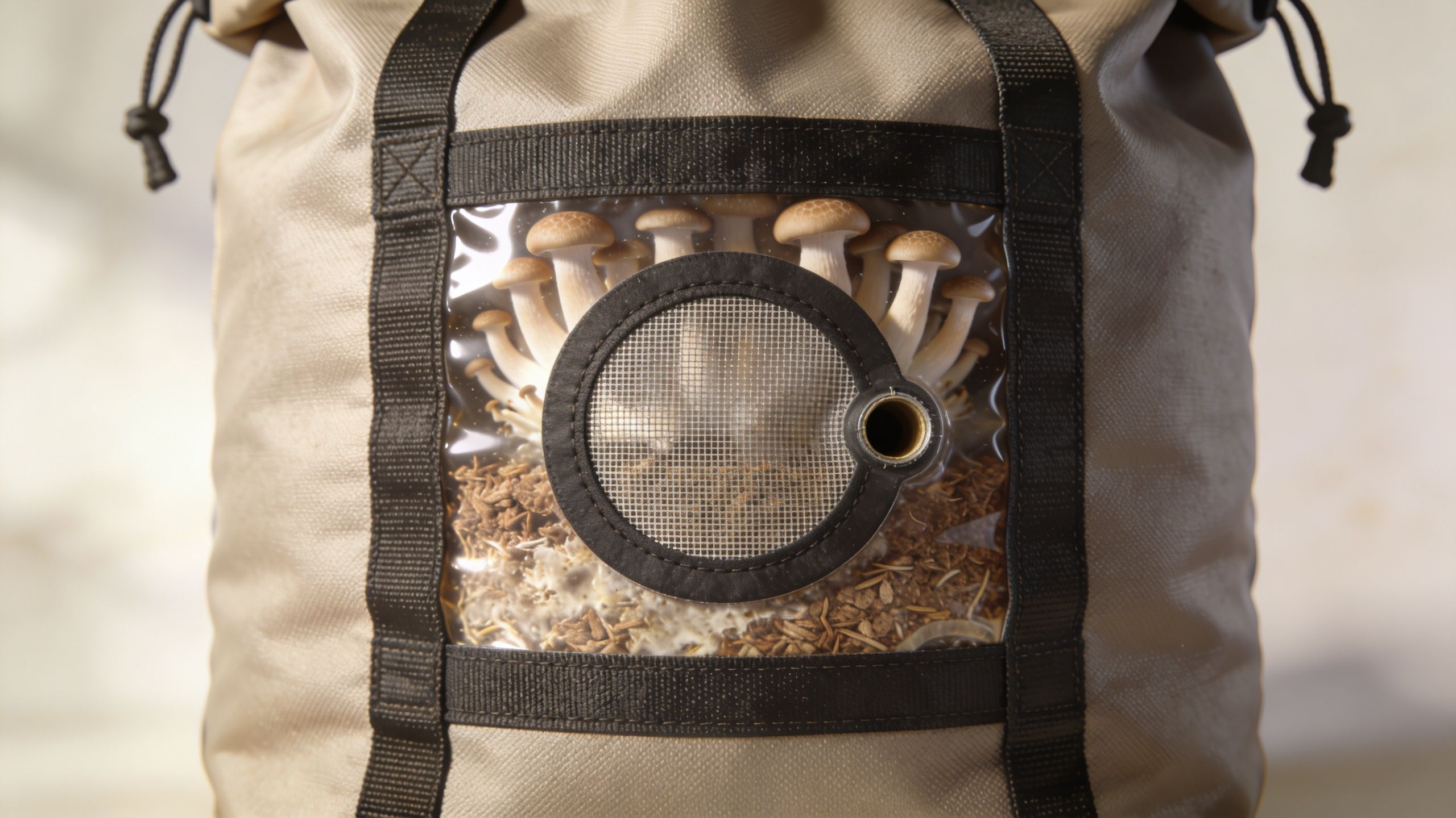 A close-up view of mushrooms growing inside a beige cultivation bag with a circular ventilation port.