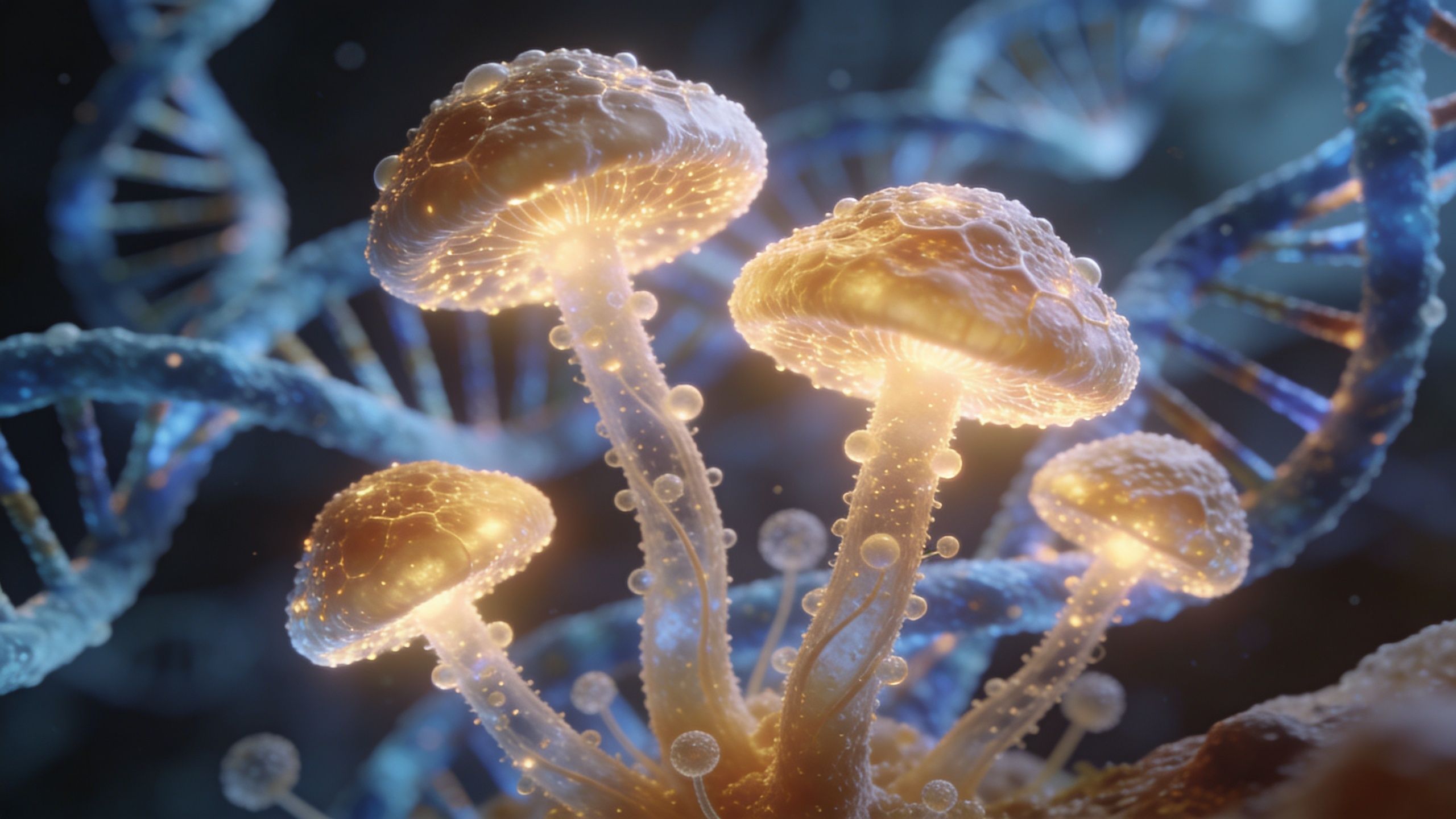 A close-up view of glowing bioluminescent mushrooms intertwined with digital blue DNA helix structures in space.