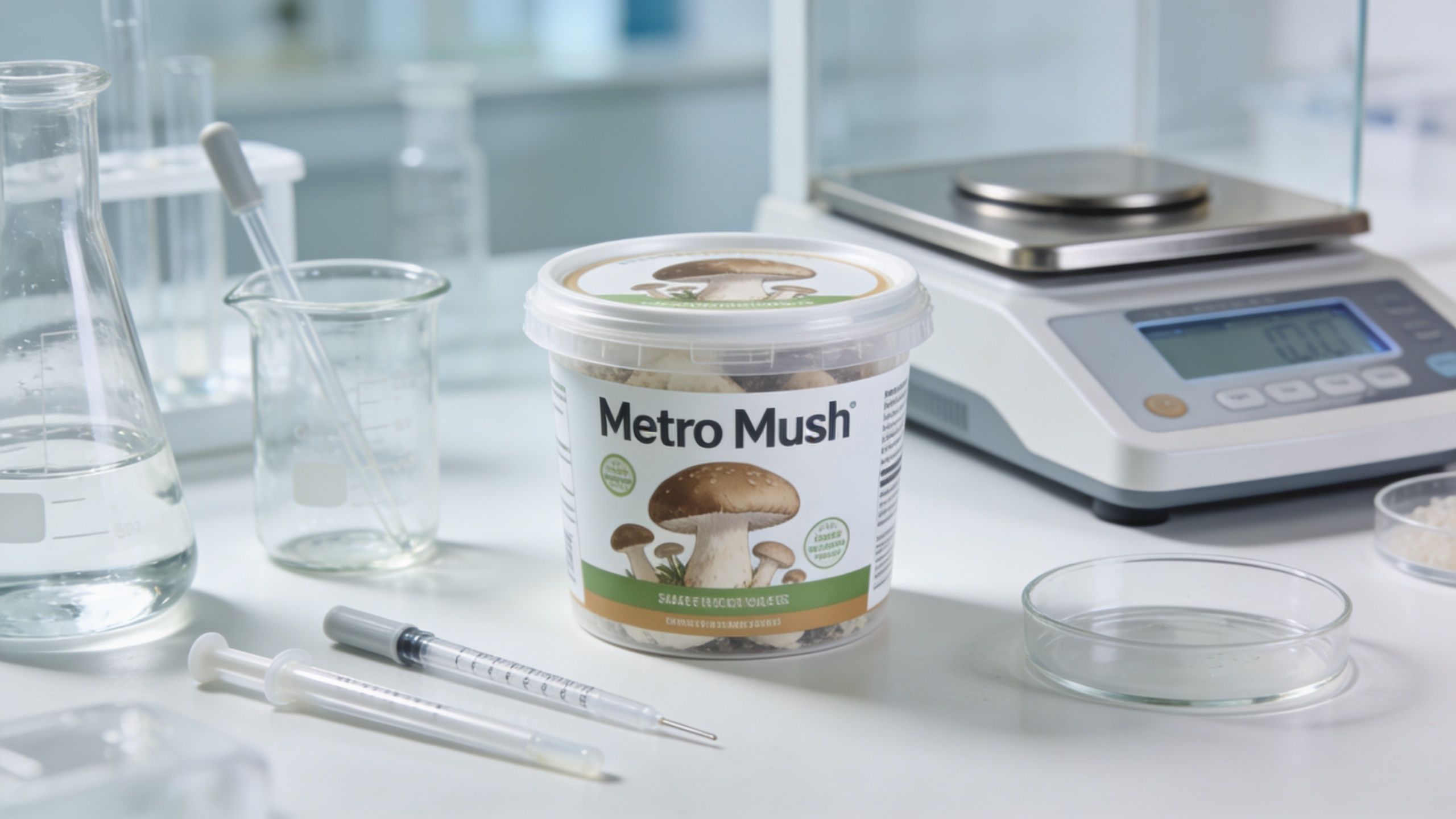 A container of Metro Mush mushroom products sitting on a laboratory desk with scientific equipment.