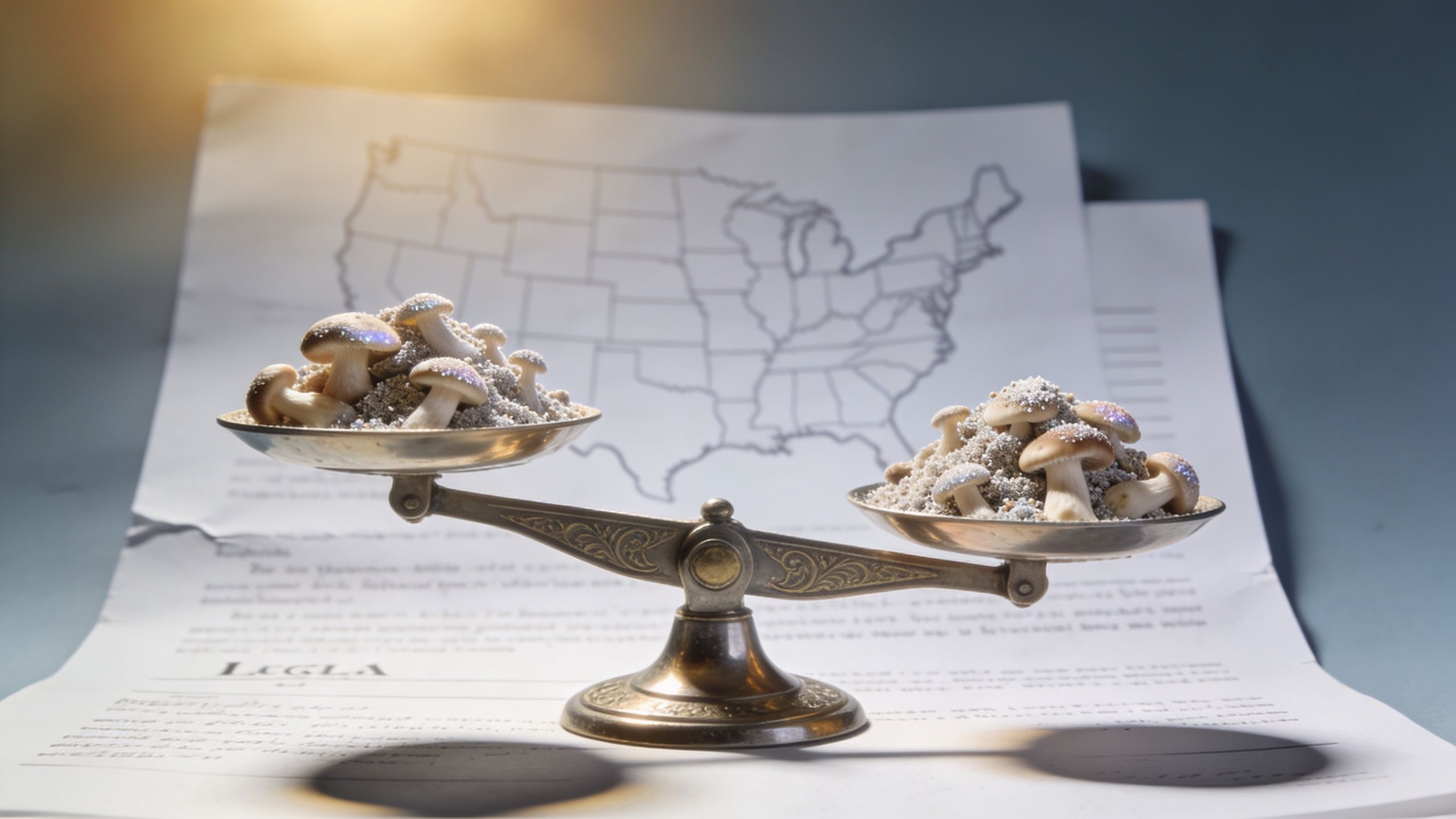 A vintage balance scale sits on top of legal documents with a map of the USA.