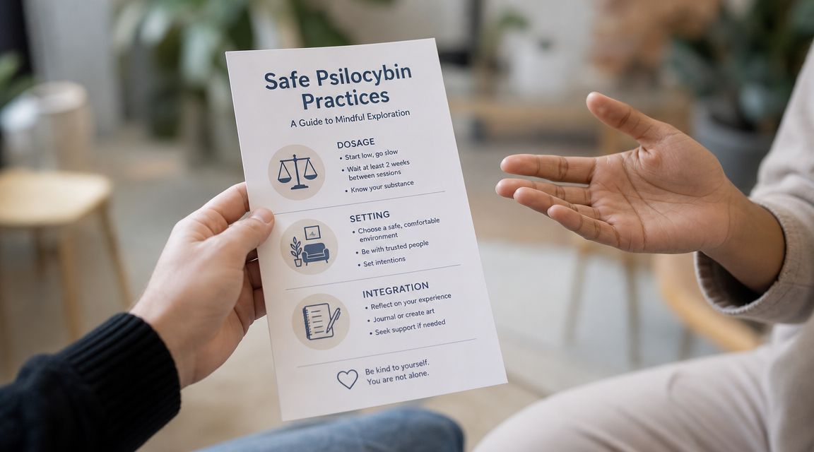 A person holding a printed guide about safe psilocybin practices while talking to another person.