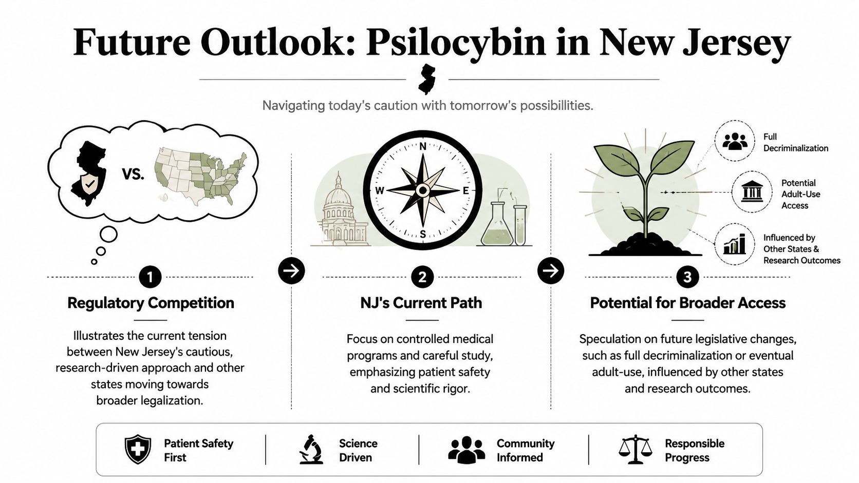 An infographic titled Future Outlook: Psilocybin in New Jersey outlining regulatory trends, current pathways, and future access possibilities.