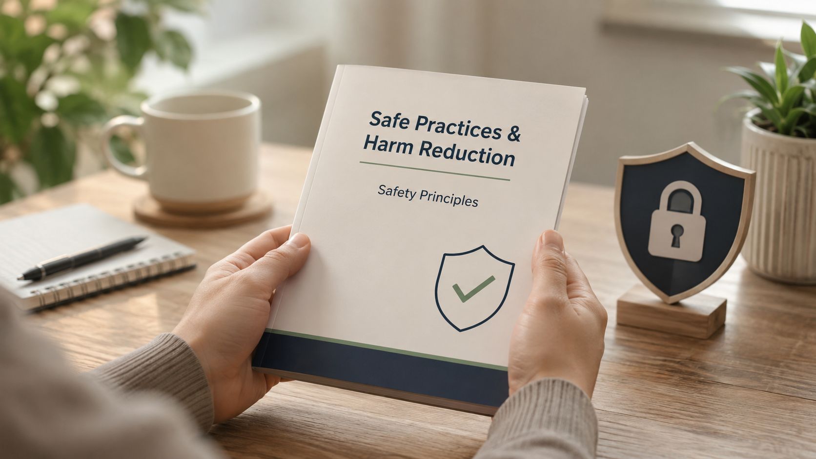 A person holds a booklet titled Safe Practices and Harm Reduction while sitting at a wooden desk.