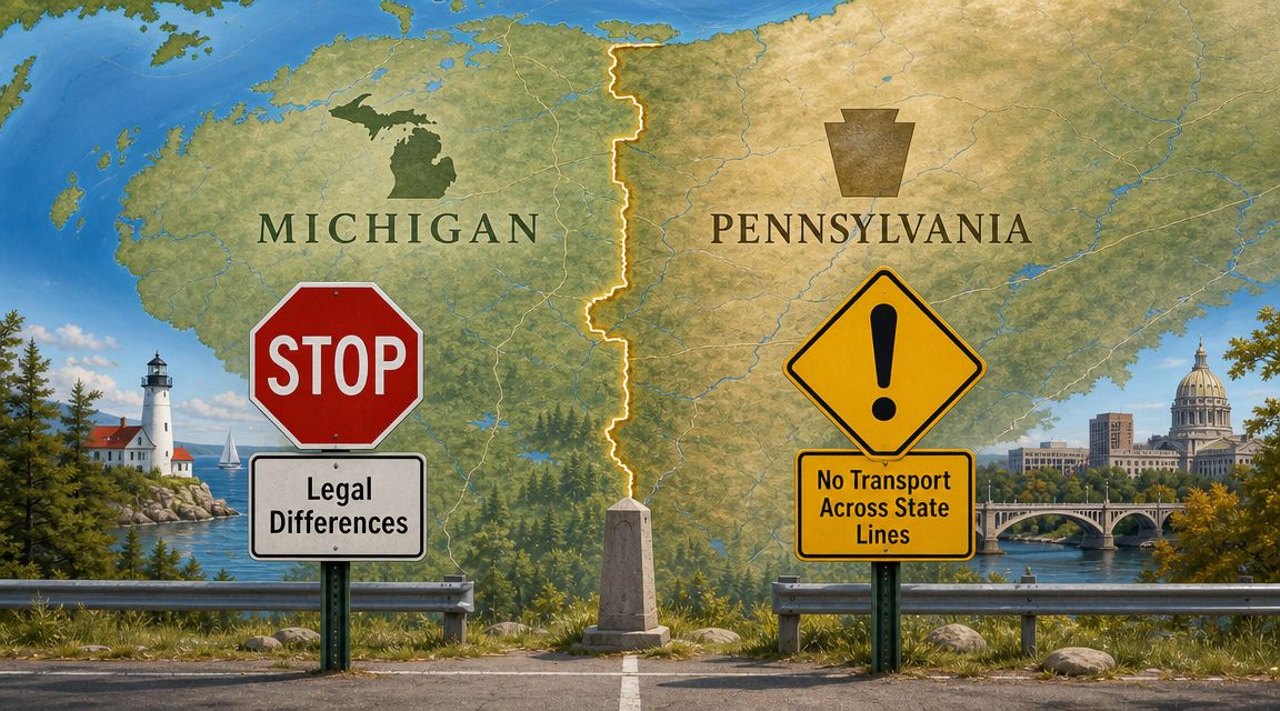 A map showing Michigan and Pennsylvania separated by a border, with road signs indicating legal transport restrictions.