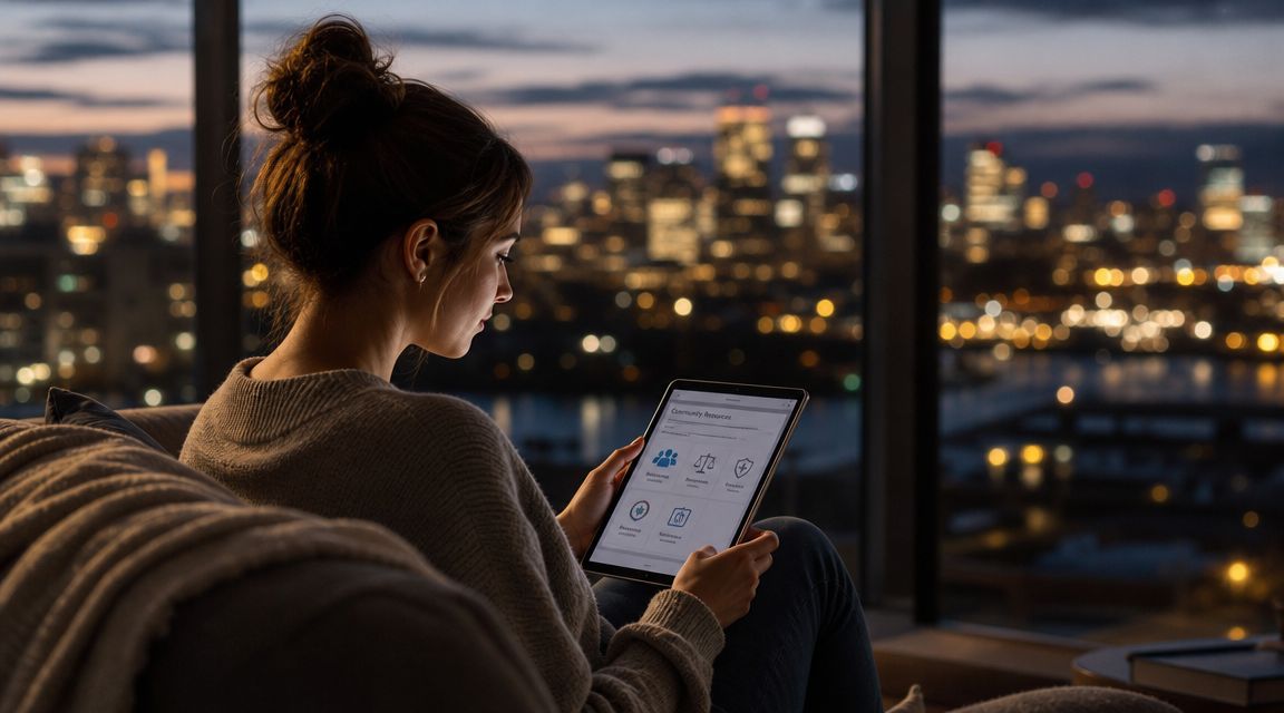 A woman sits by a floor-to-ceiling window at night, looking at a tablet showing community resources.