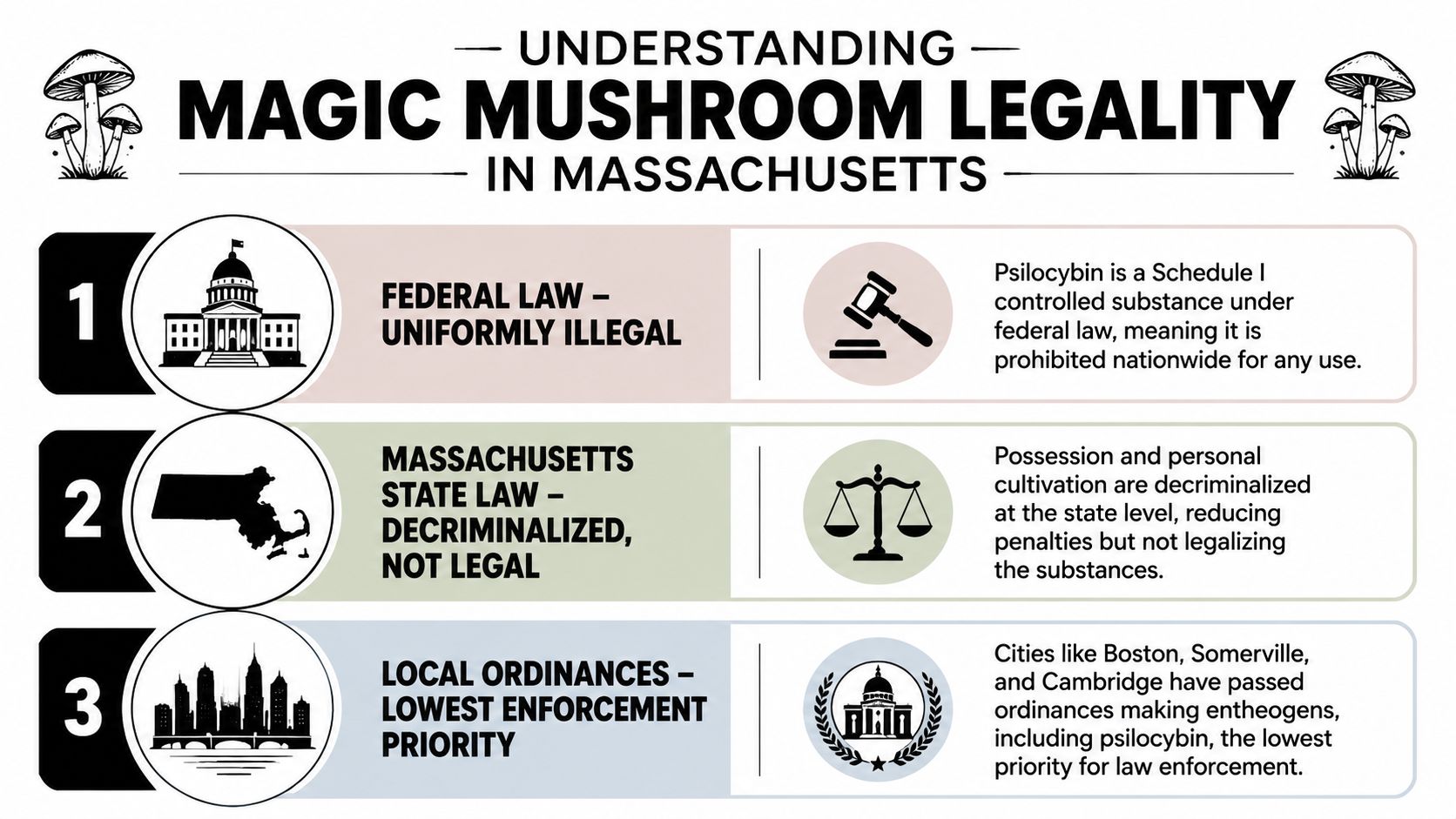 An infographic titled Understanding Magic Mushroom Legality in Massachusetts, detailing federal, state, and local legal status.