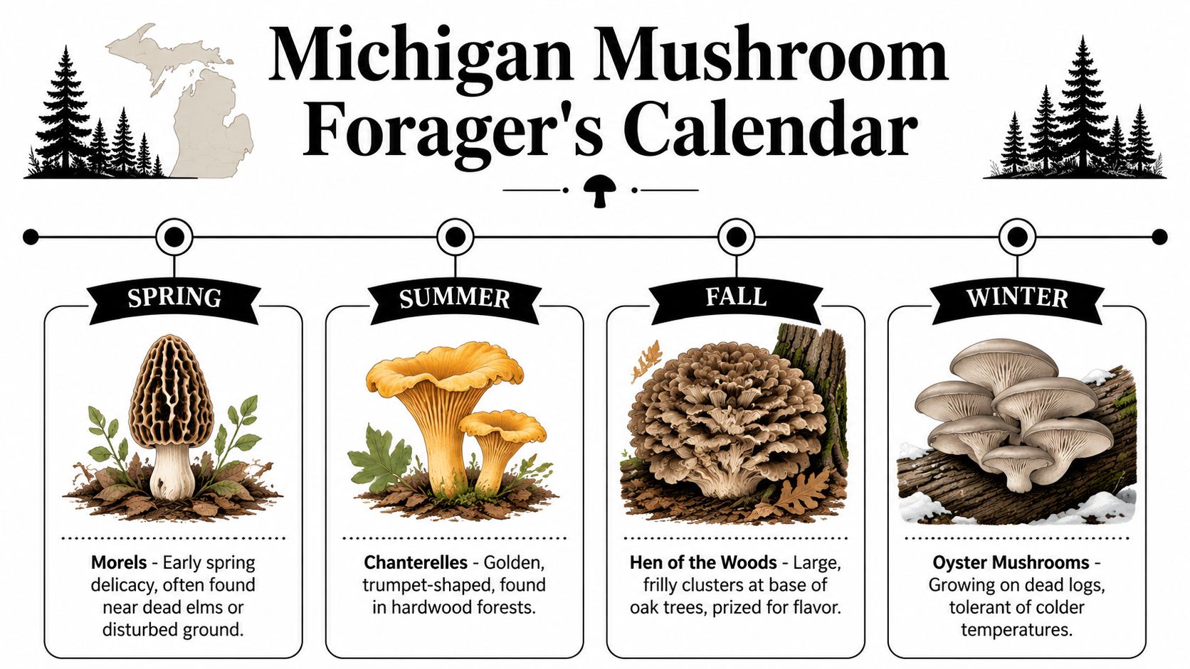 An infographic titled Michigan Mushroom Forager's Calendar showcasing seasonal mushrooms found throughout the year in Michigan.