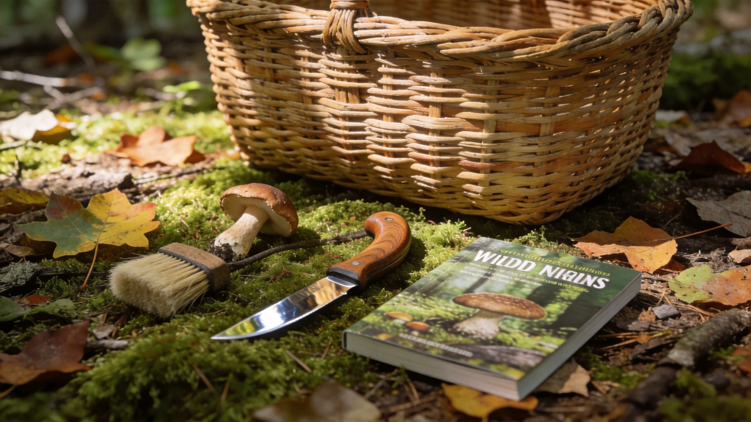 A foraging basket with a mushroom knife, a brush, and a mushroom field guide in the woods.