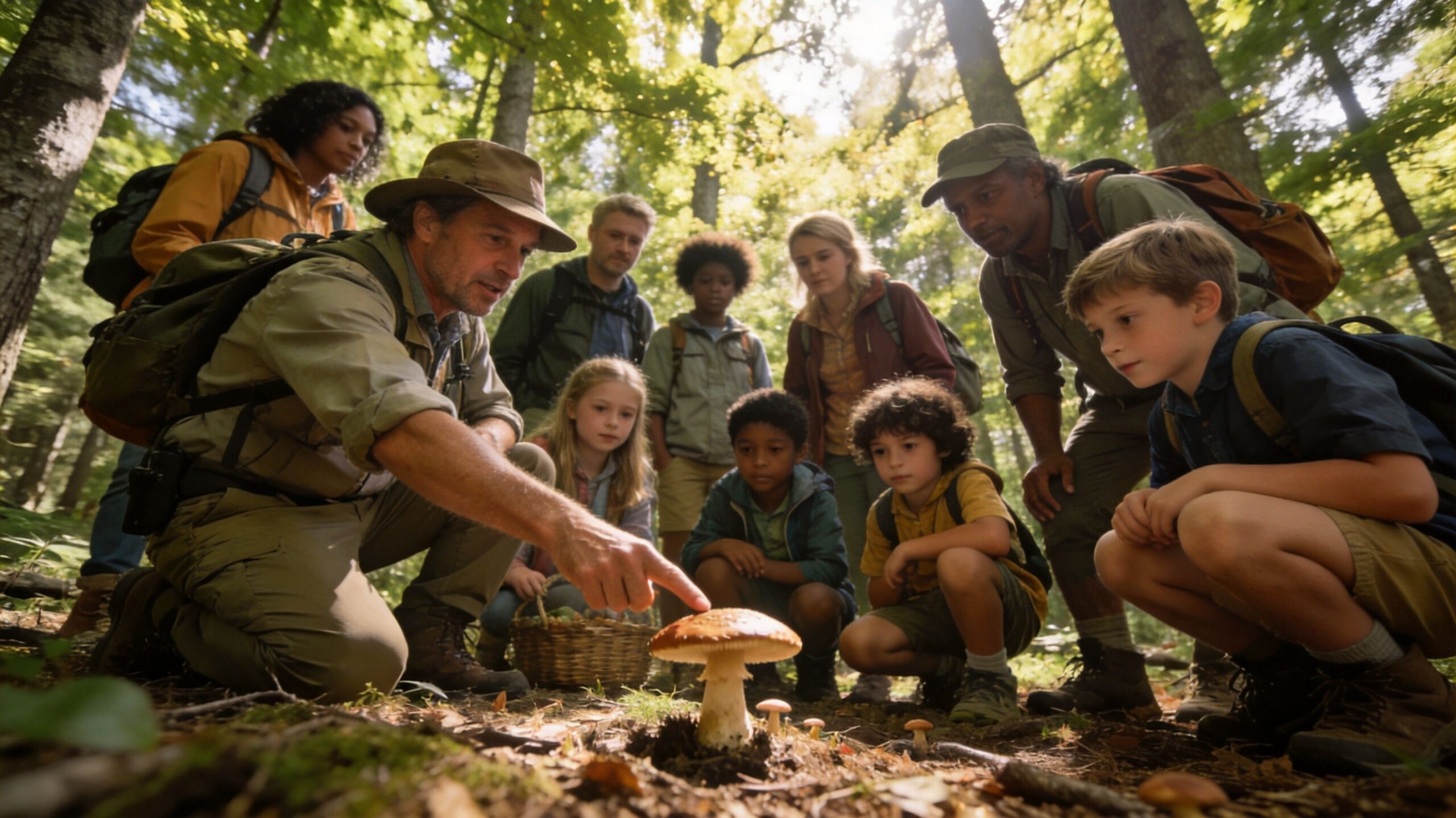A group of children and adults learning about wild mushrooms from a nature guide in the forest.