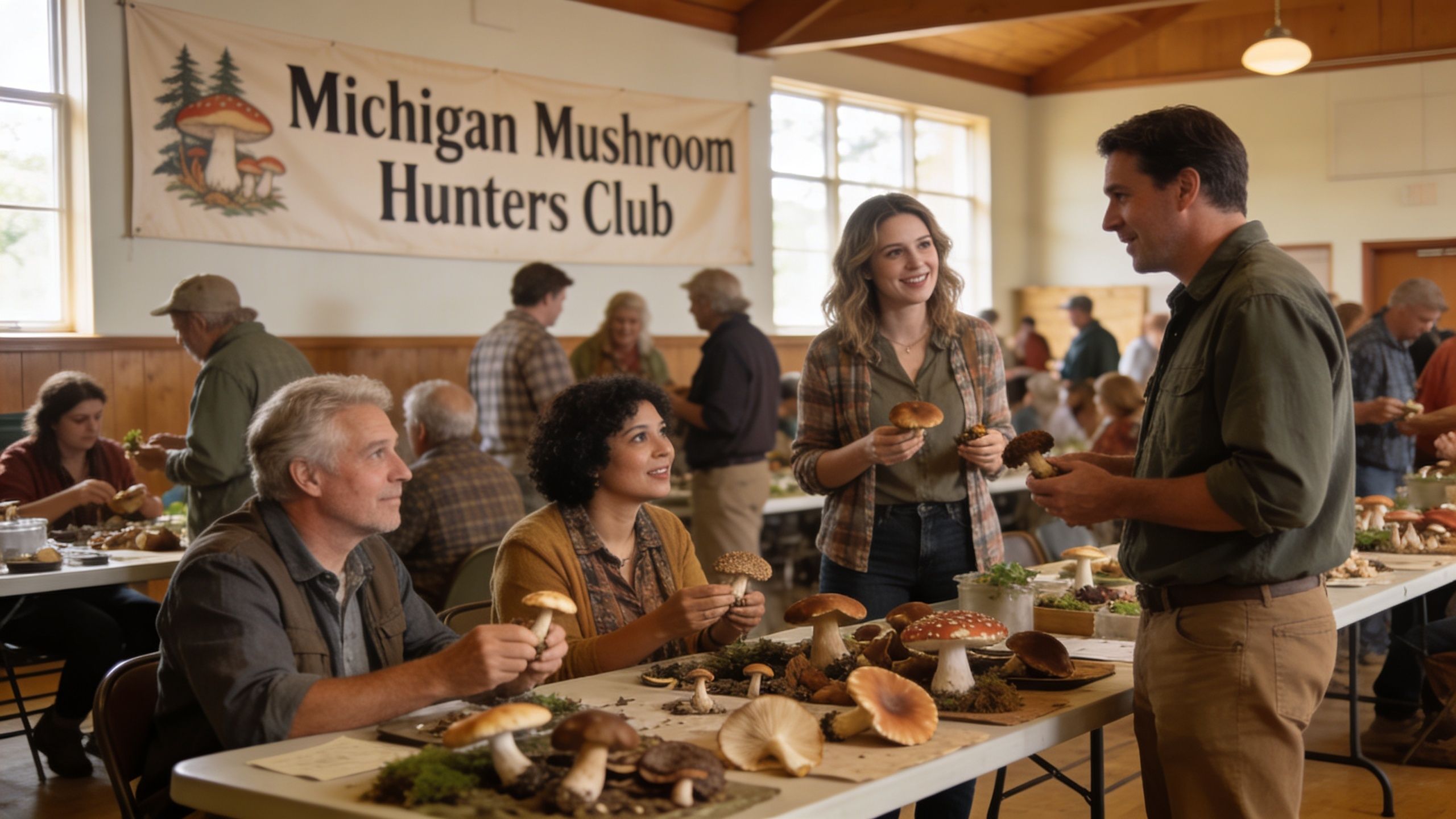 Members of the Michigan Mushroom Hunters Club gathered around a table examining various types of mushrooms together.