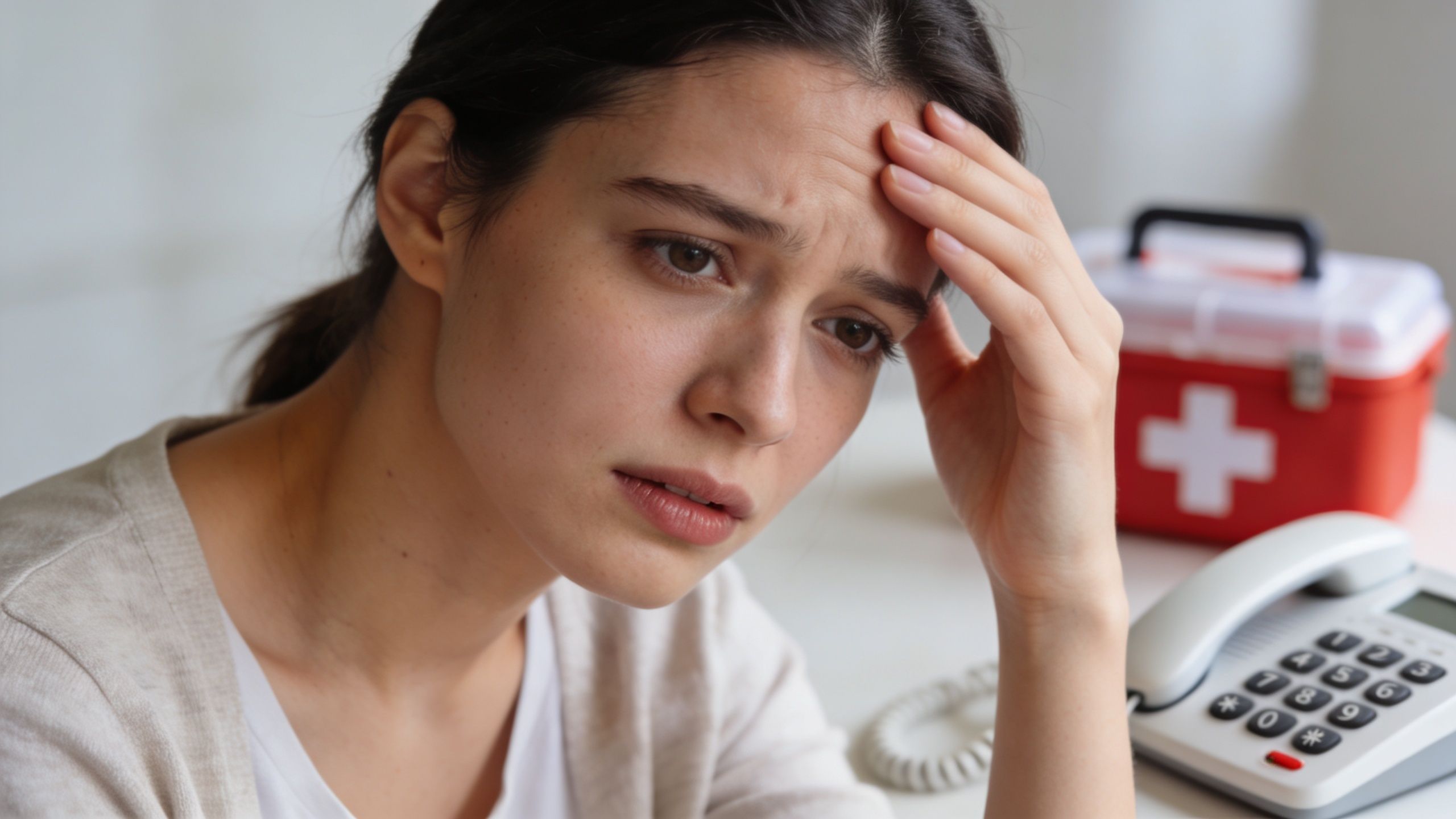 A concerned woman rests her hand on her forehead near a first aid kit and telephone.