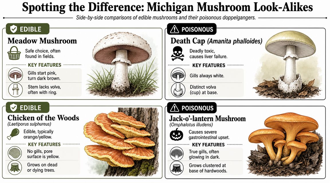 An educational infographic comparing edible meadow mushrooms and chicken of the woods with their poisonous look-alikes.