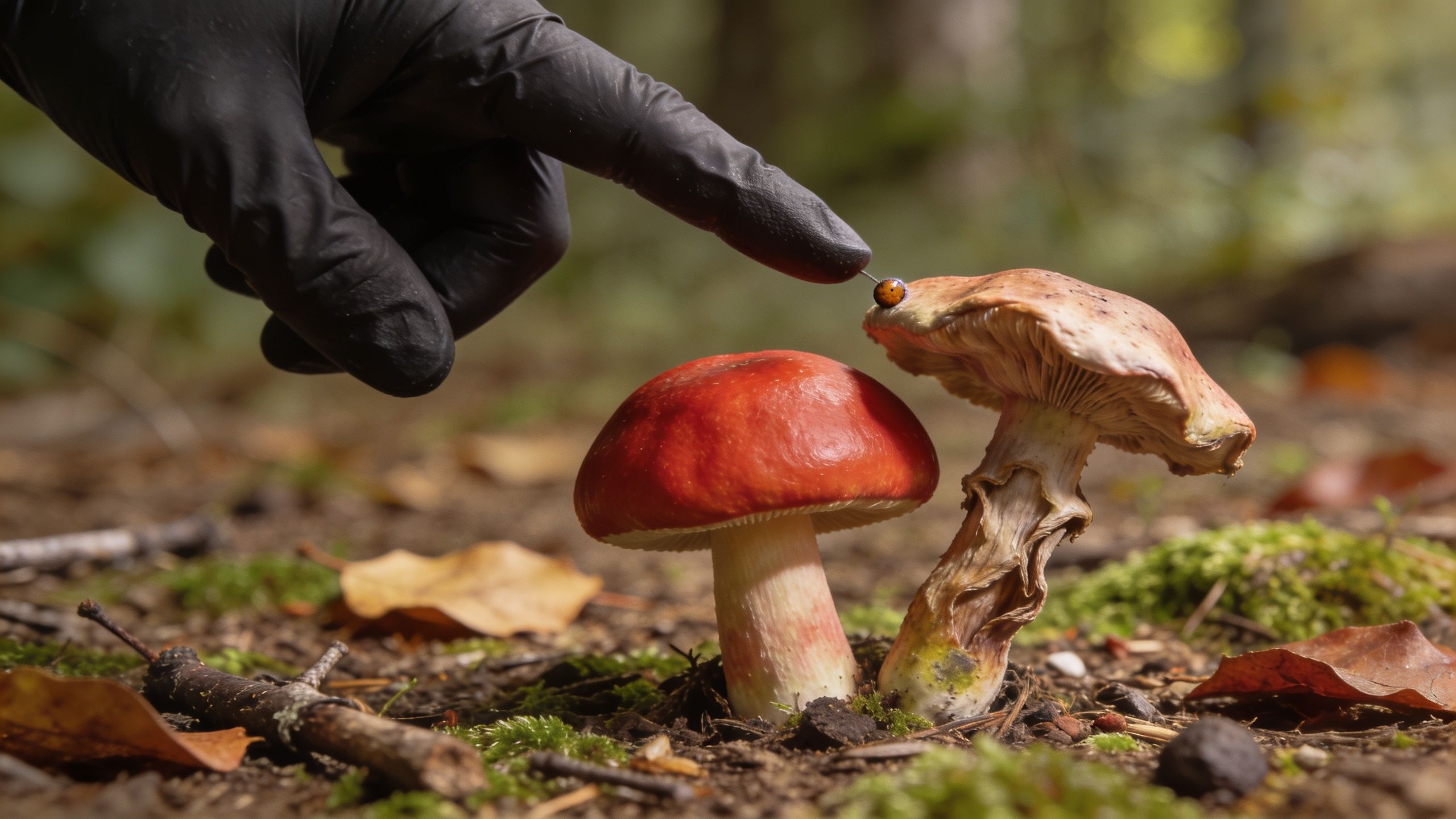 A gloved finger touches a small ladybug perched on the cap of a wild forest mushroom.