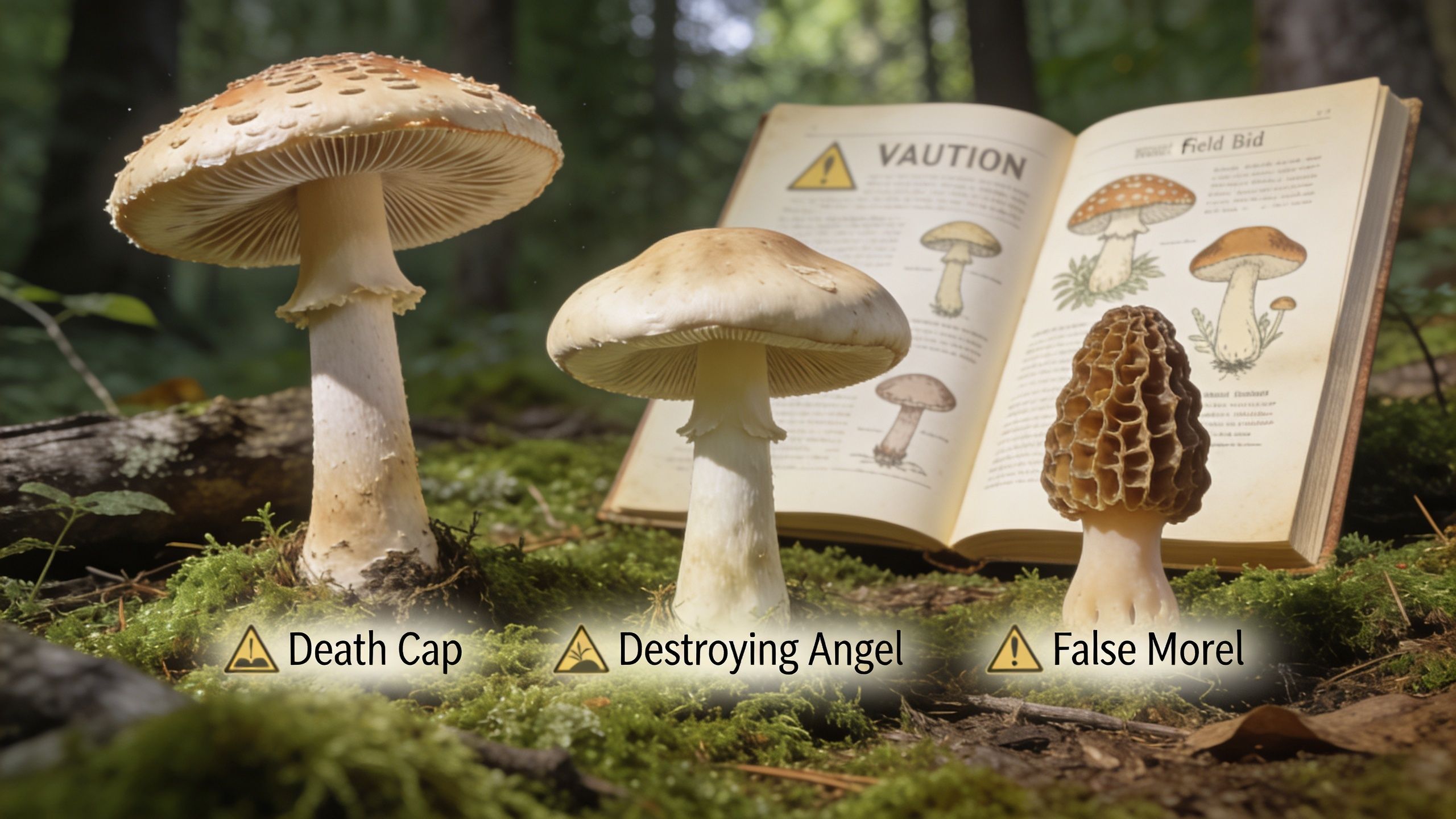 Three different poisonous mushrooms displayed on forest moss next to an open field guide book.