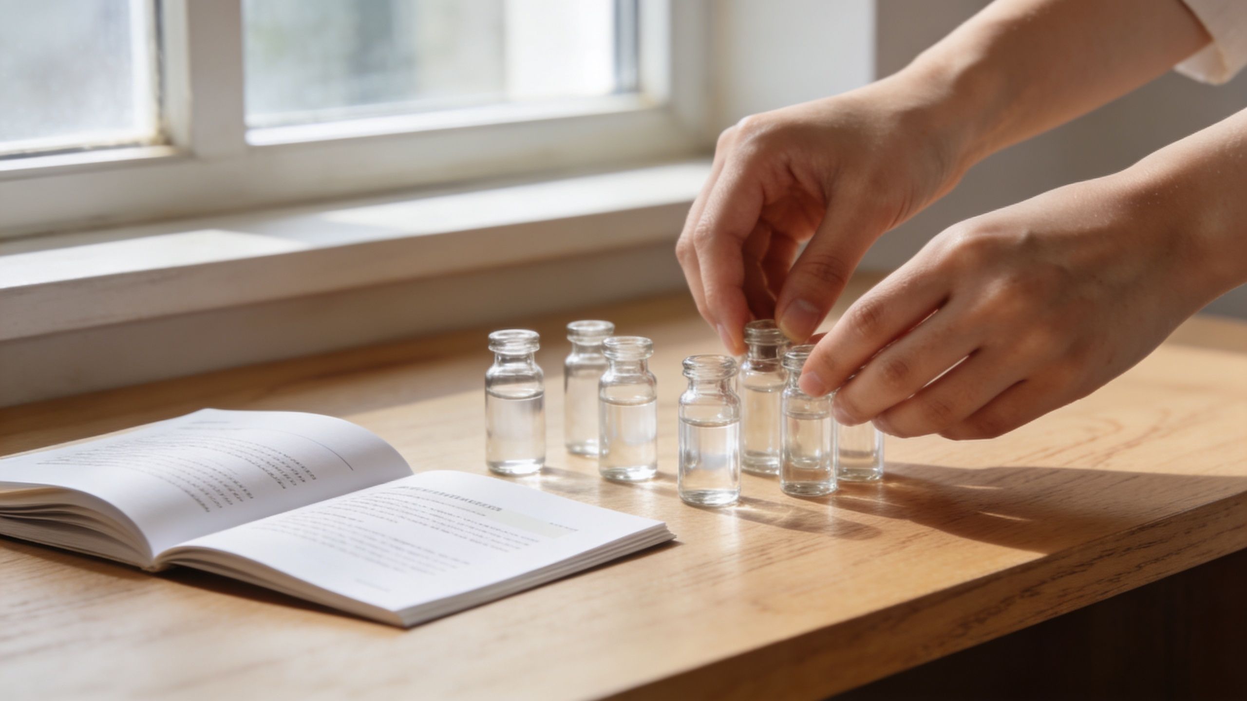 A person organizing small glass vials containing clear liquid next to an open book on a wooden surface.