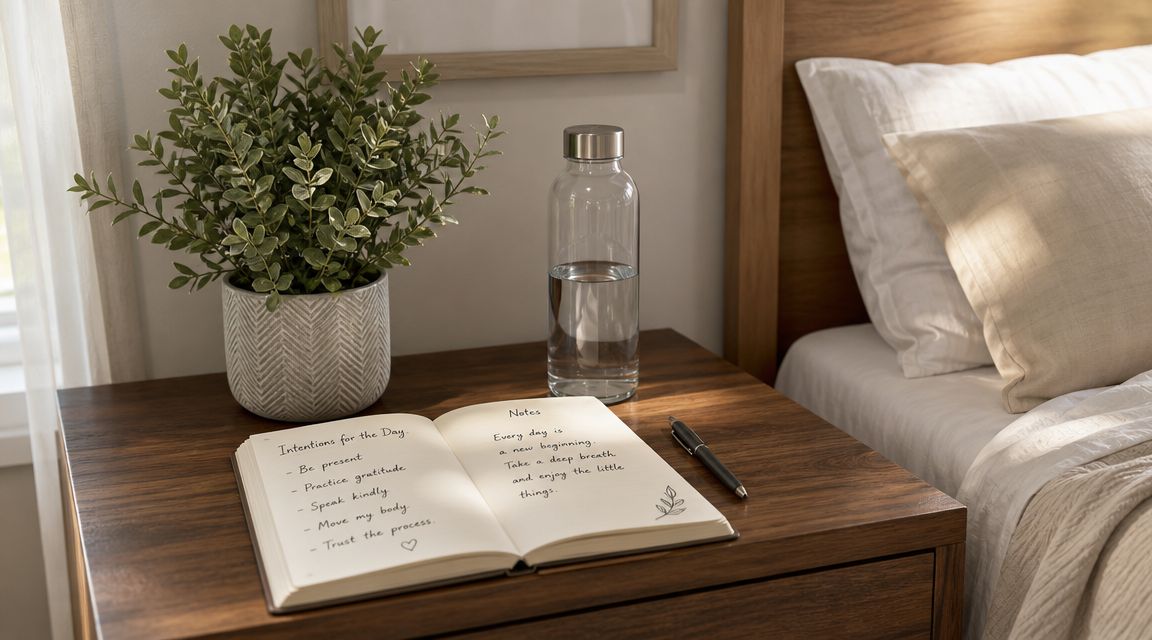 A bedside table with a journal, a water bottle, a small potted plant, and a pen.