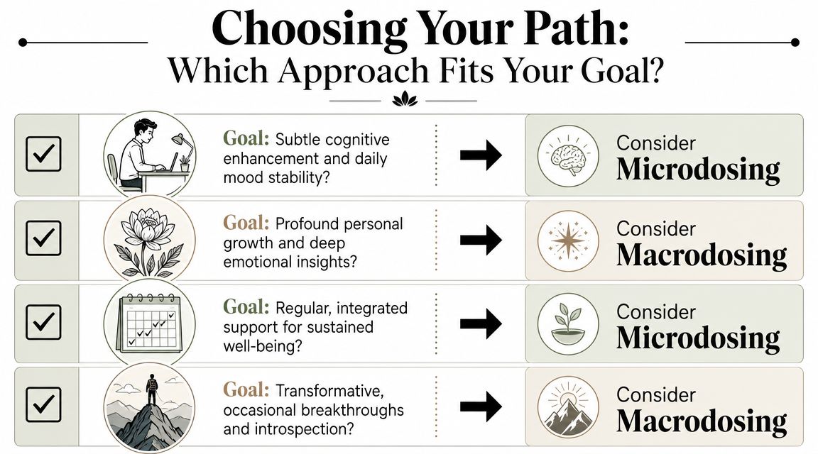 A comparison chart showing goals suited for microdosing versus macrodosing to guide personal growth and well-being.