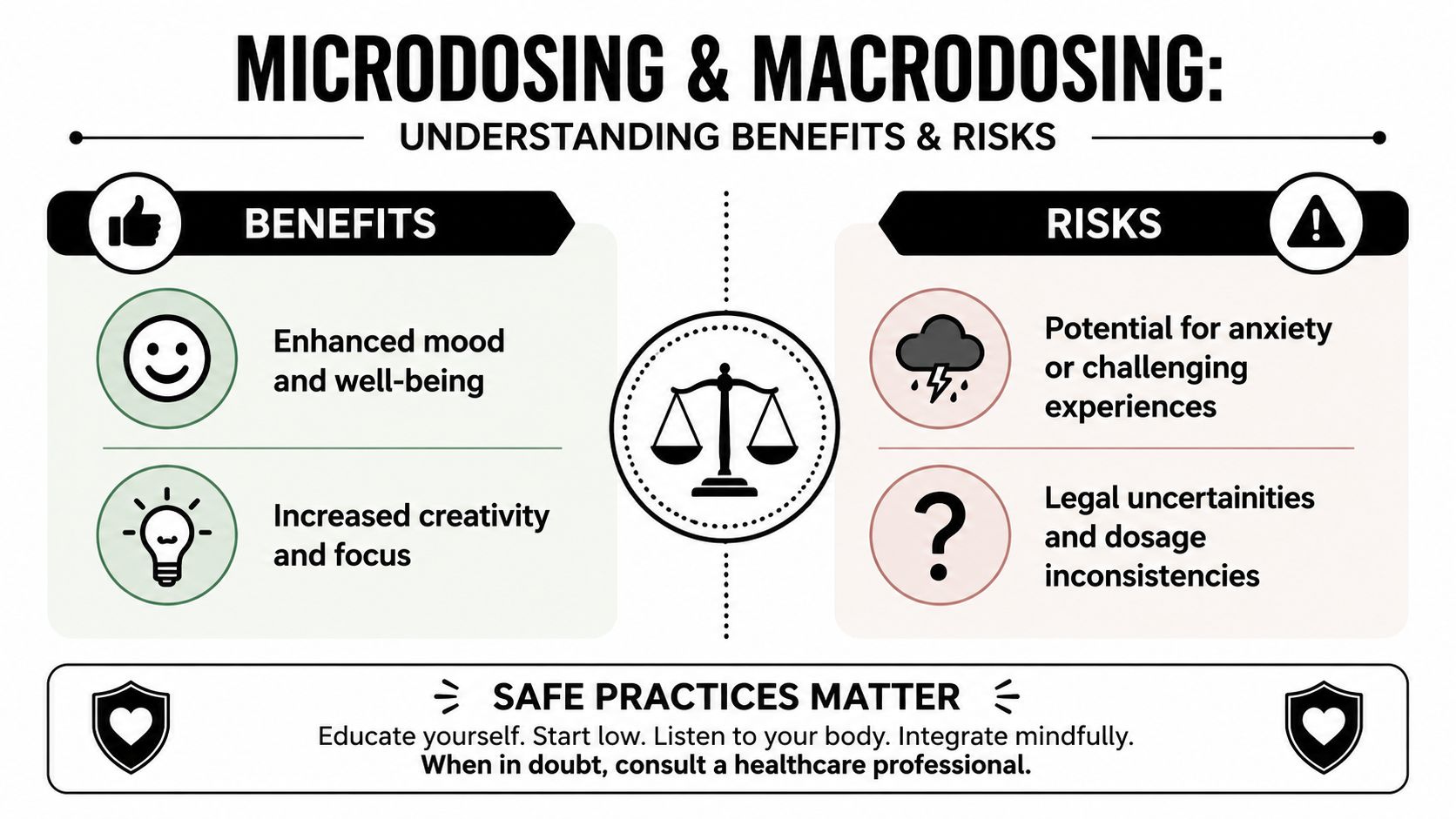 An infographic comparing the benefits and risks of microdosing and macrodosing with advice on safe practices.