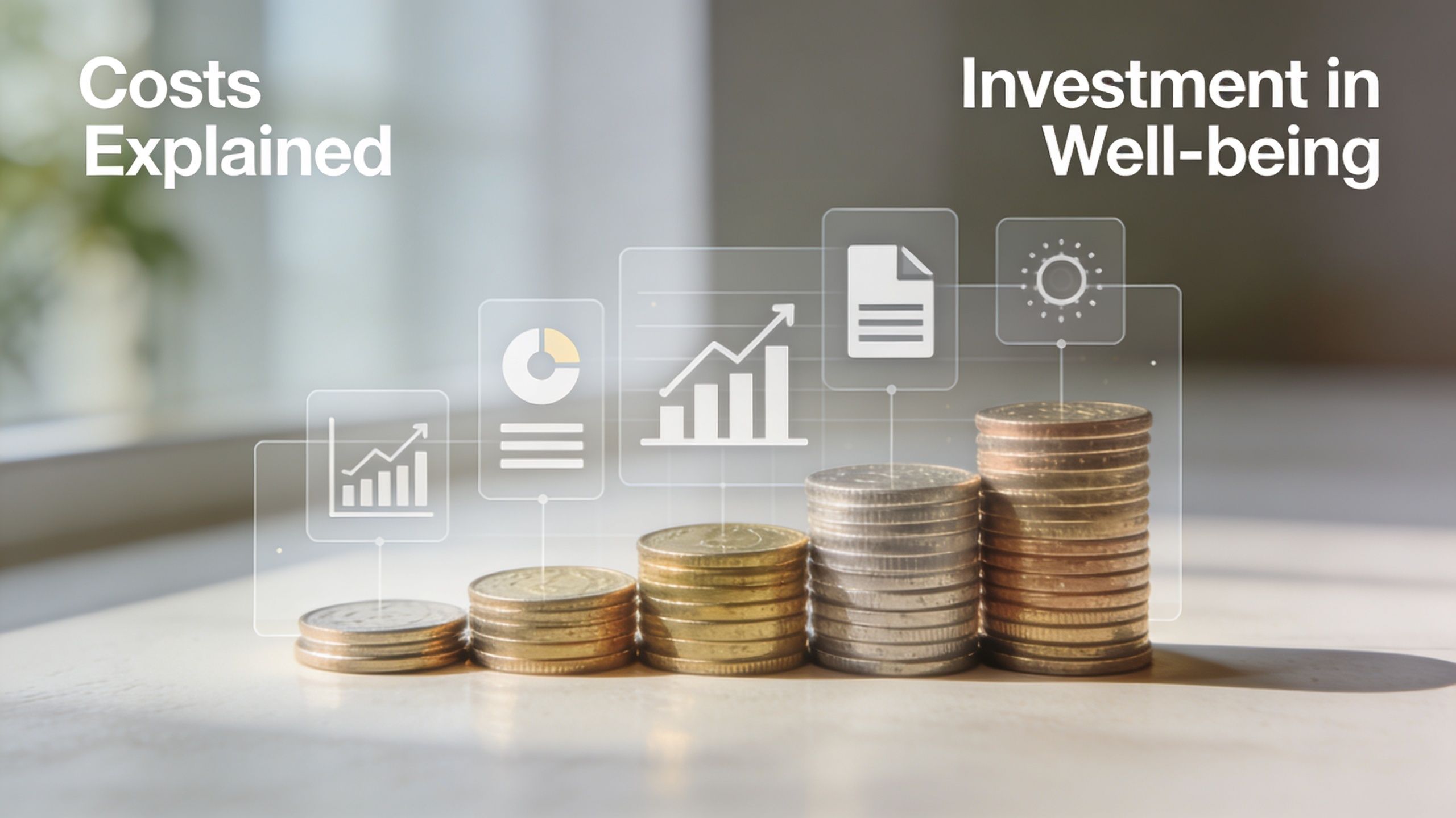 A conceptual image showing stacks of coins increasing in size with transparent financial icons overlaid above them.