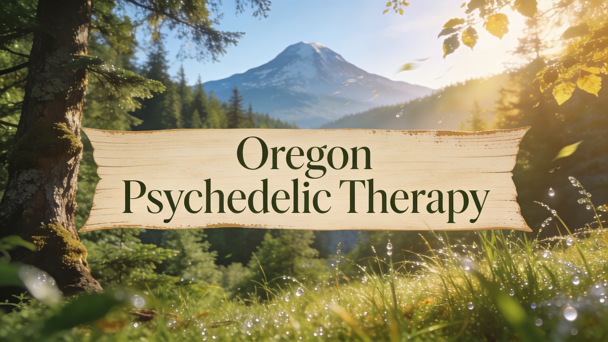 A wooden sign featuring the text Oregon Psychedelic Therapy, set against a scenic forest and mountain background.