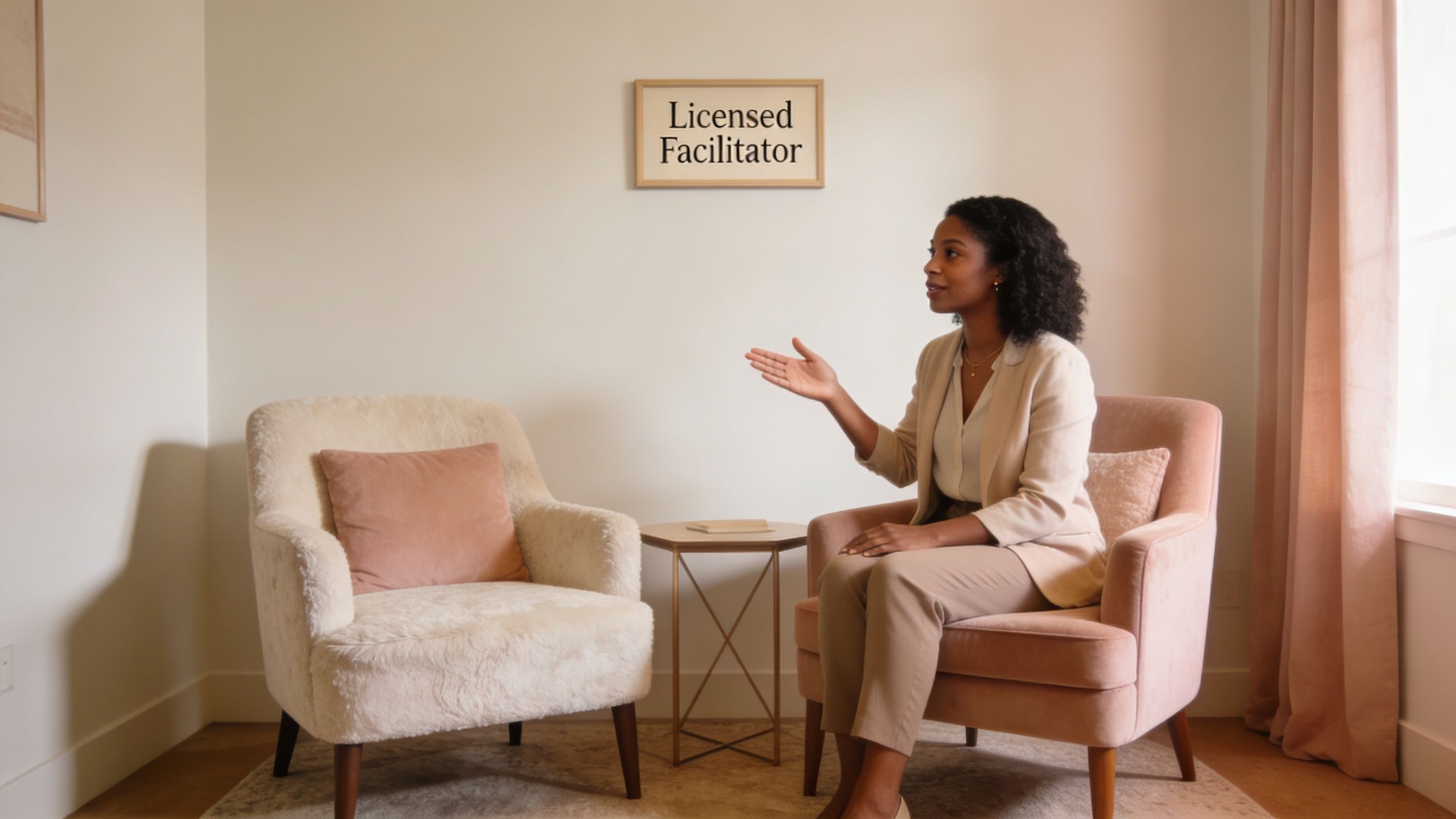 A professional licensed facilitator gestures while sitting in a comfortable armchair, offering a supportive therapy environment.