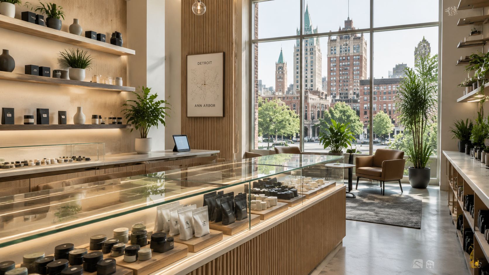 A bright and modern boutique interior featuring minimalist product displays and large windows with urban city views.