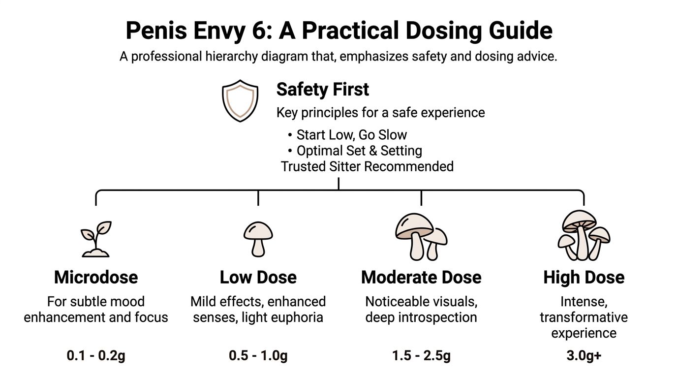 A professional infographic showing a dosing guide for Penis Envy 6 mushrooms with recommended safety principles.